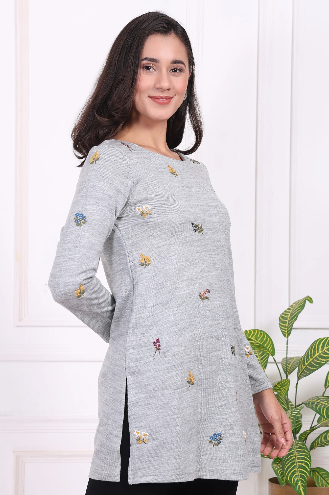 Grey Embroidered Acrylic Straight A-line Tunic - Image 6