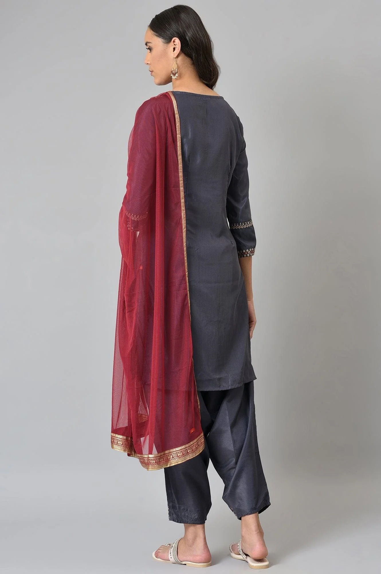 Grey Embroidered kurta, Draped Pants And Dupatta Set - Image 2