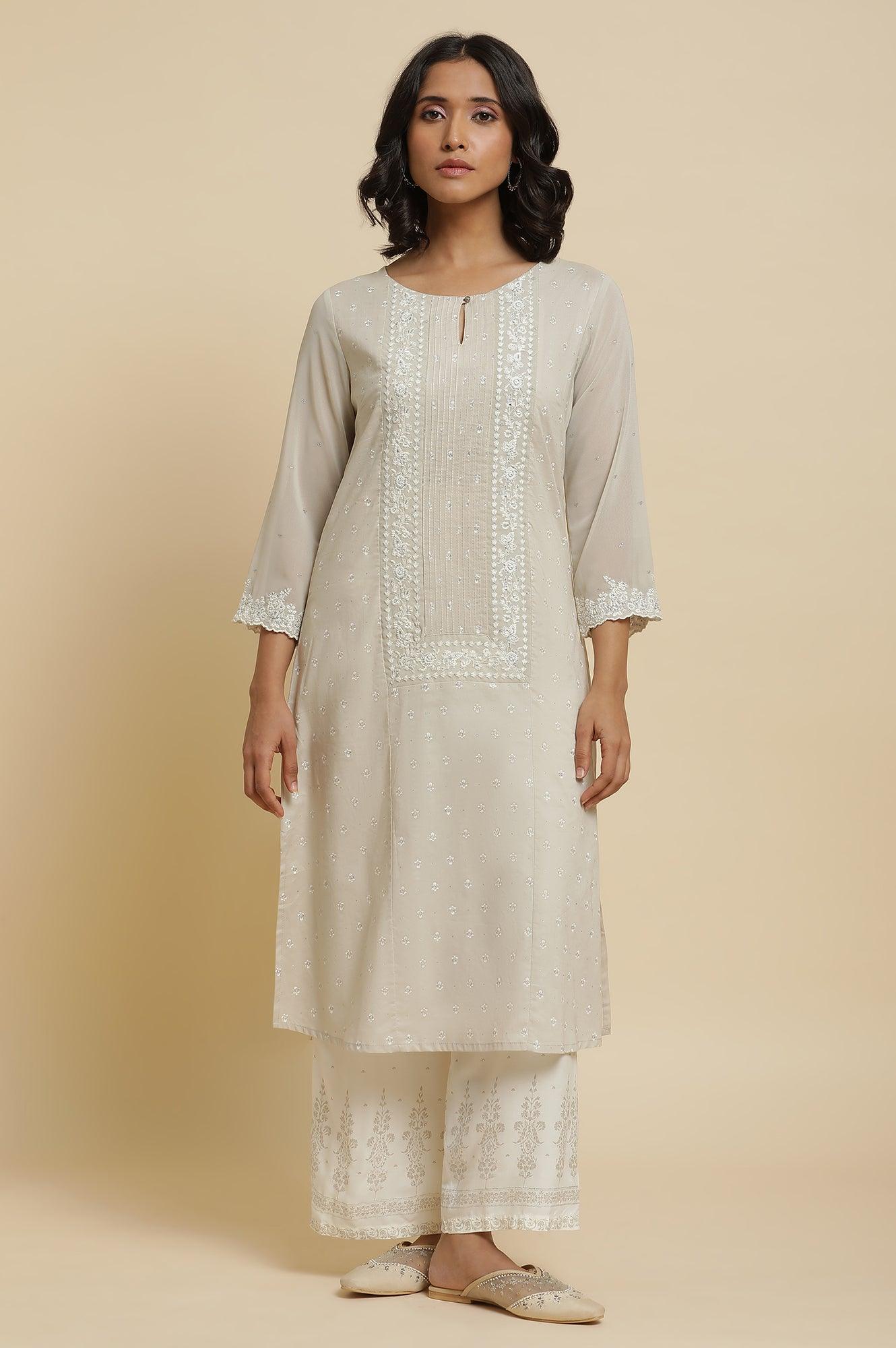 Grey Embroidered Kurta & Parallel Pants Set - Image 2