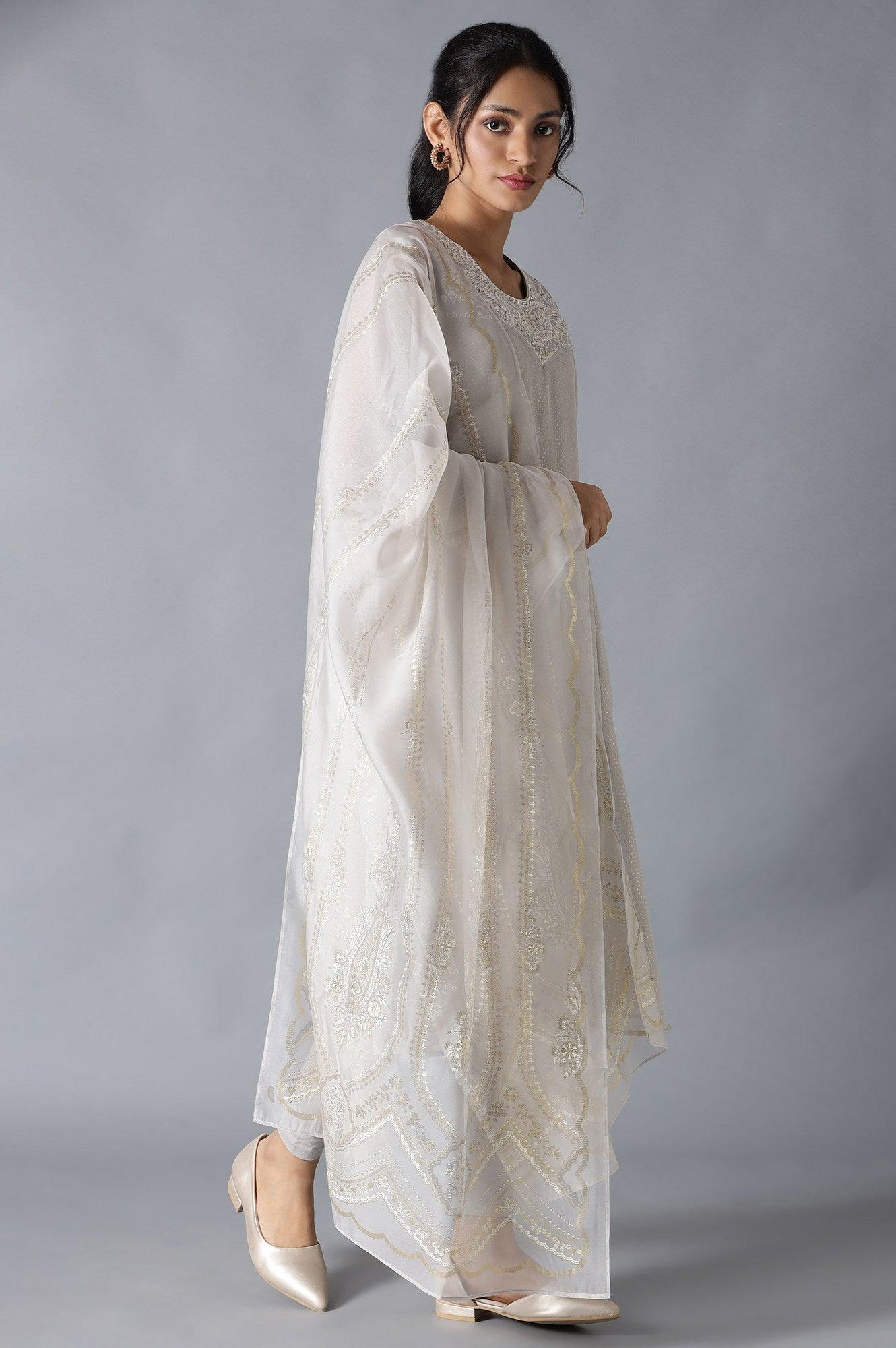 Grey Embroidered kurta With Parallel Pants And Dupatta - Image 4