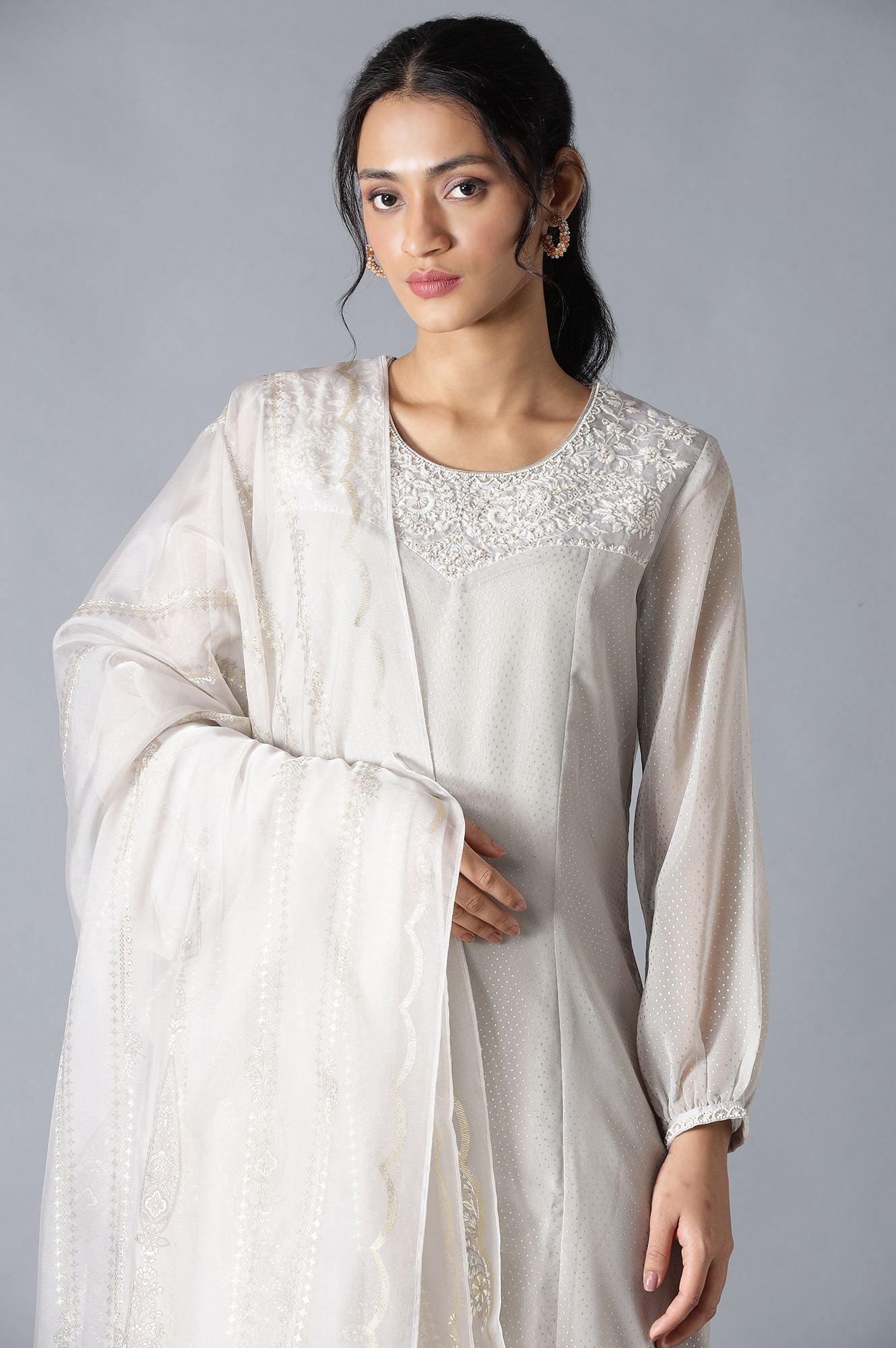 Grey Embroidered kurta With Parallel Pants And Dupatta - Image 5