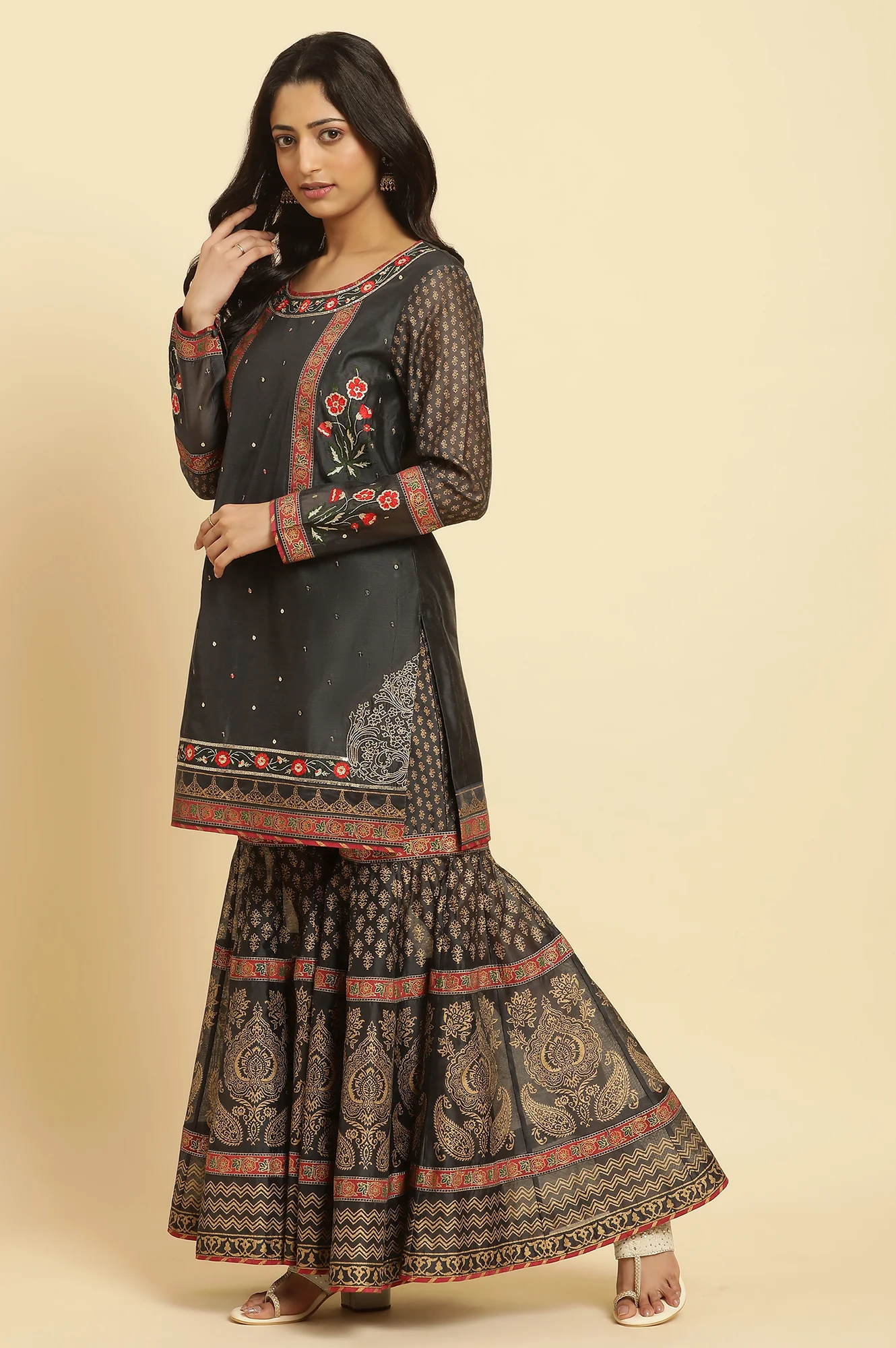 Grey Embroidered Short Kurta, Sharara And Dupatta - Image 3