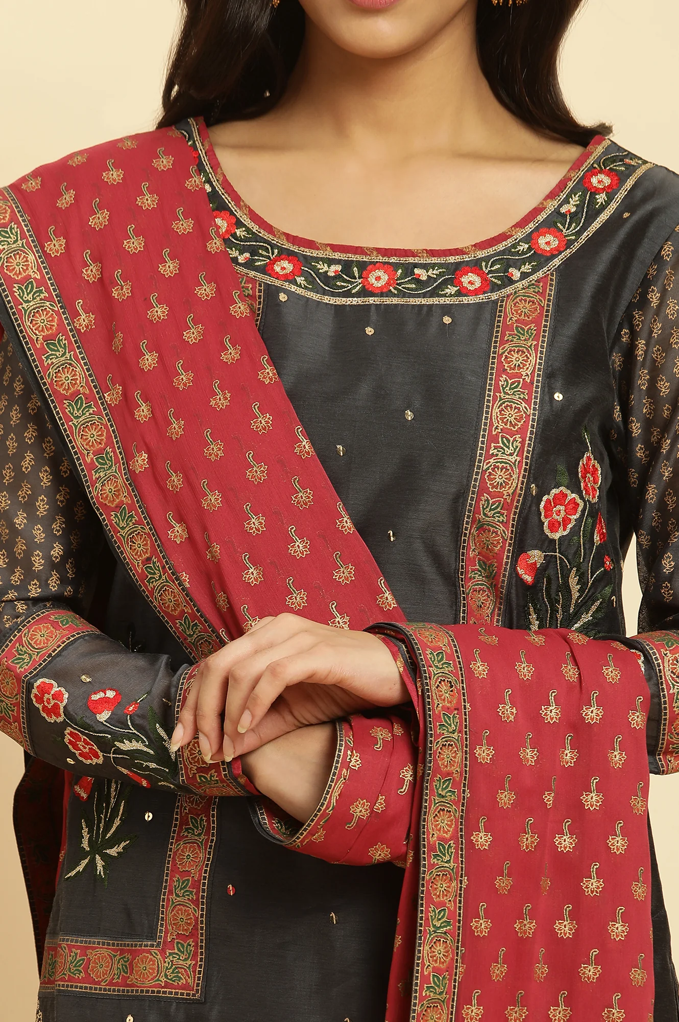 Grey Embroidered Short Kurta, Sharara And Dupatta - Image 6