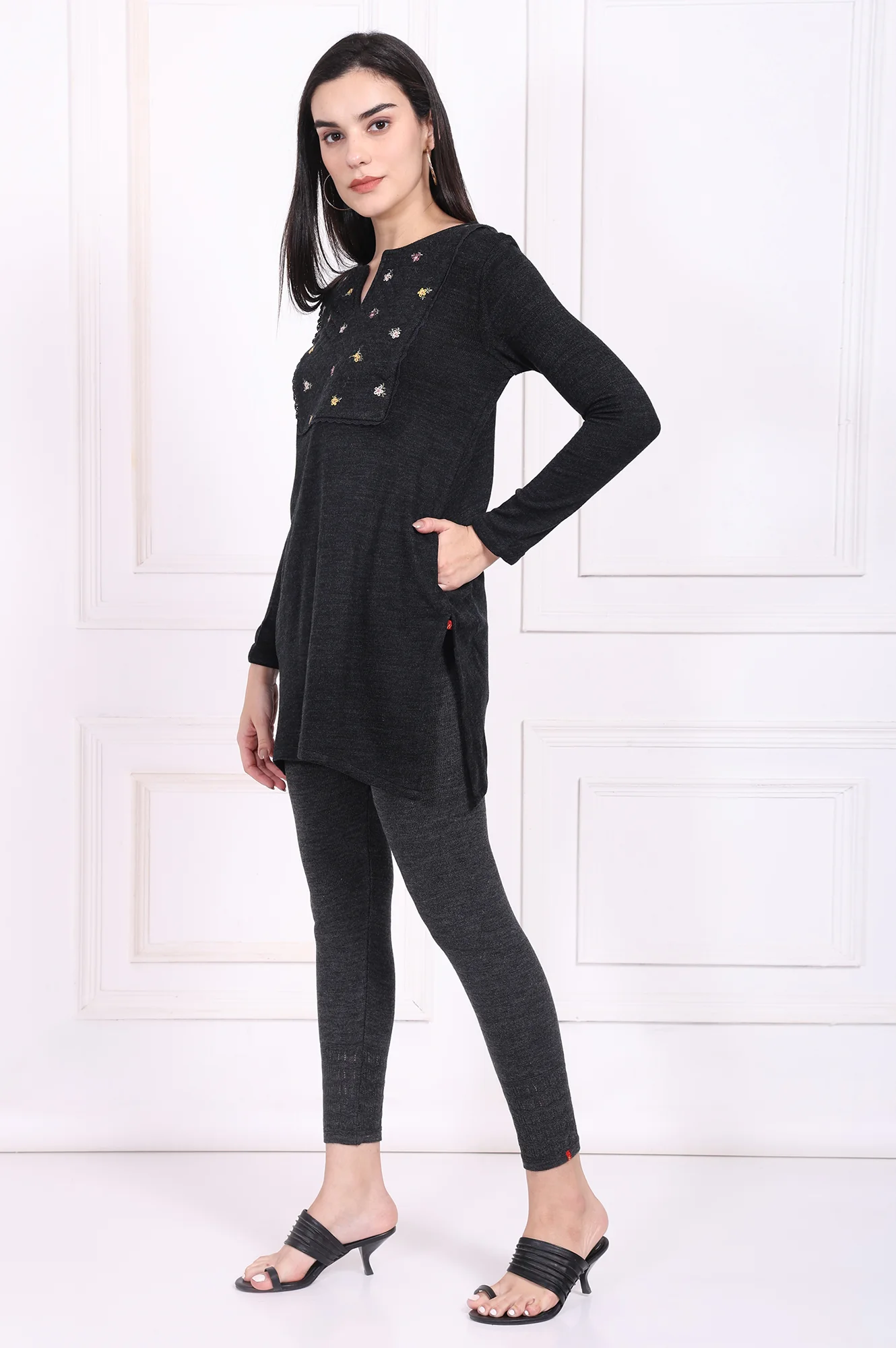 Grey Embroidered Straight Acrylic Tunic - Image 3