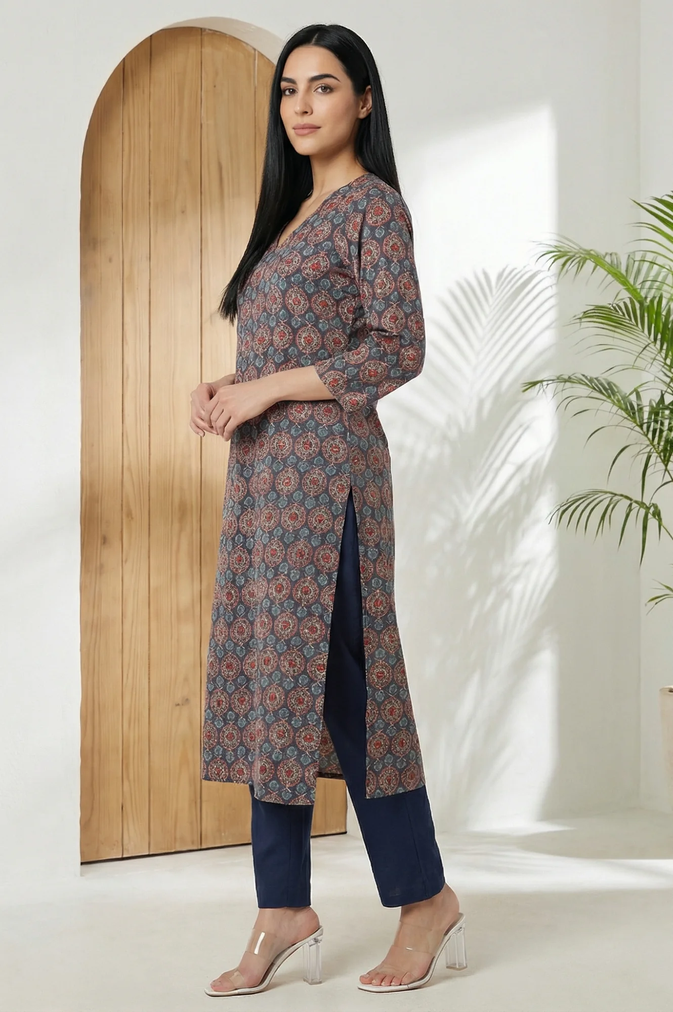 Grey Ethnic Motifs Modal Straight Kurta - Image 5
