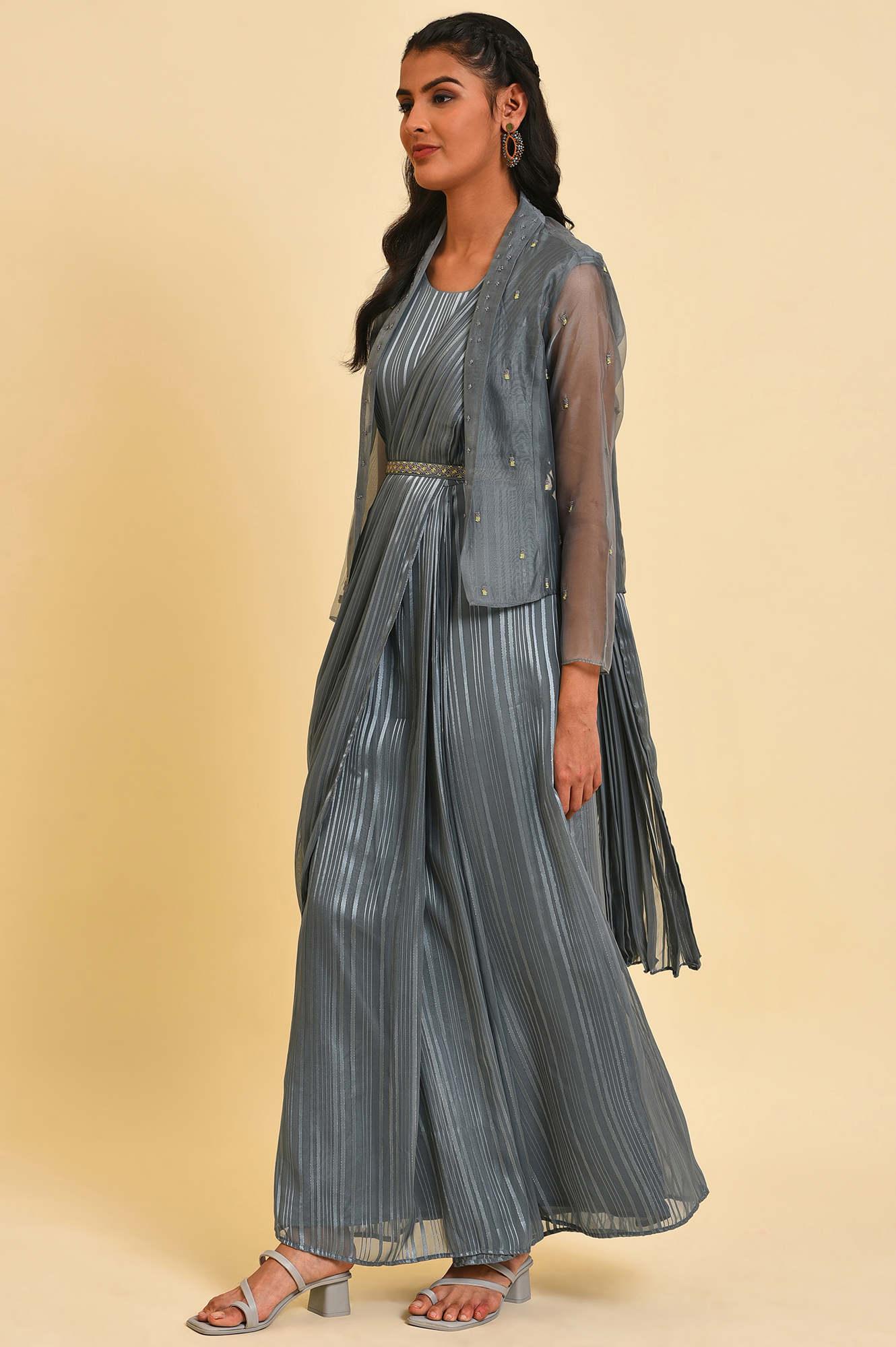 Grey Festive Predrape Saree With Short Jacket - Image 3