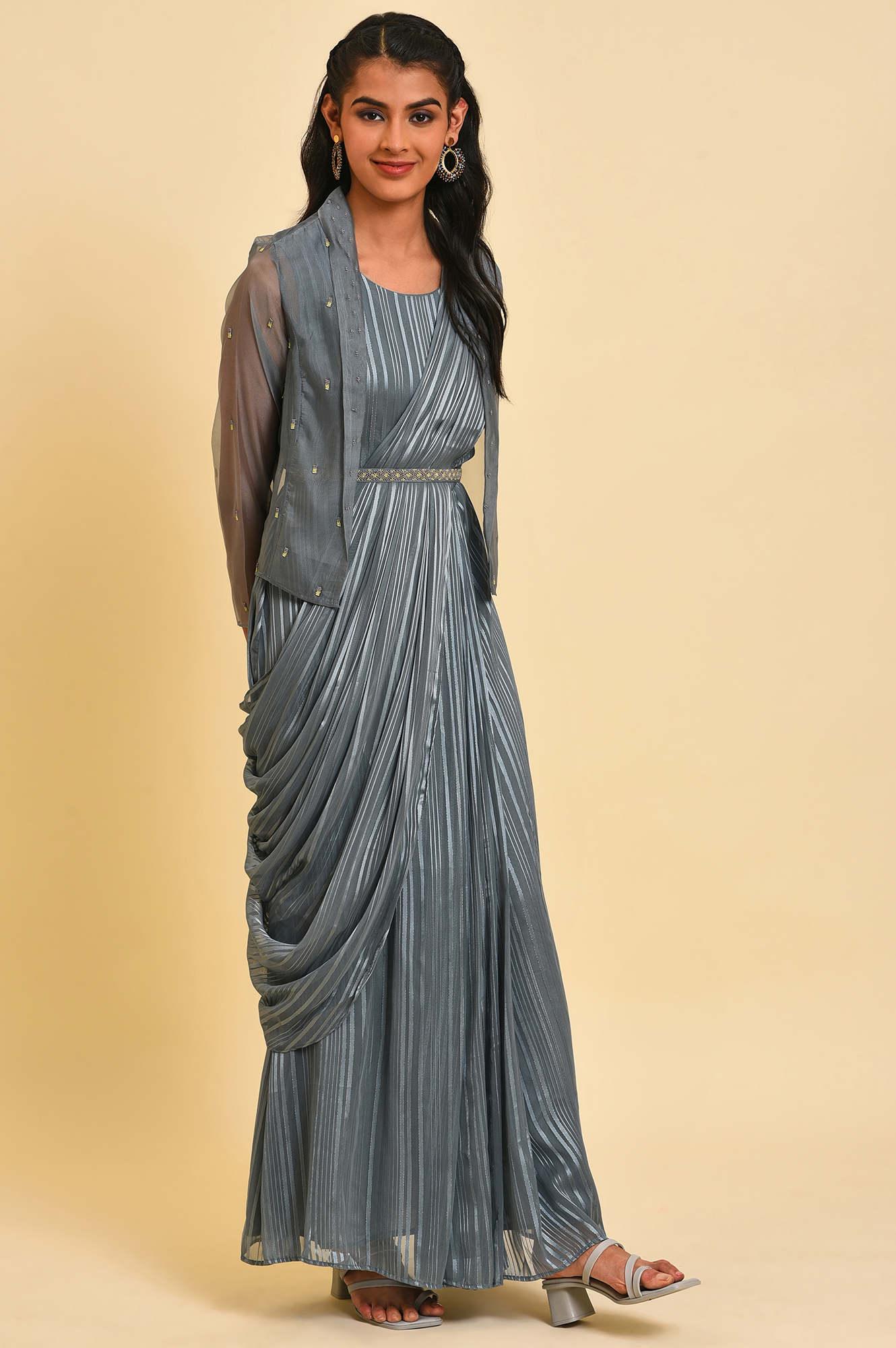 Grey Festive Predrape Saree With Short Jacket - Image 4