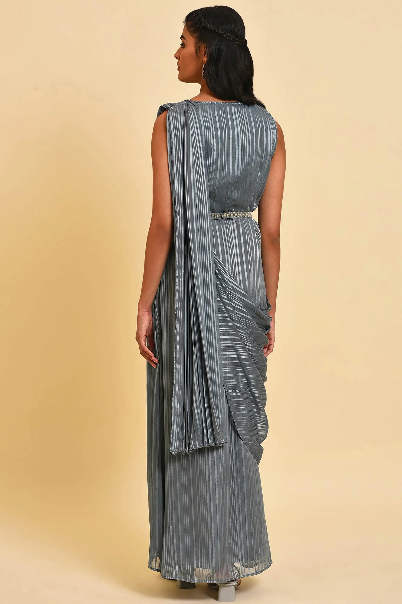 Grey Festive Predrape Saree With Short Jacket - Image 7