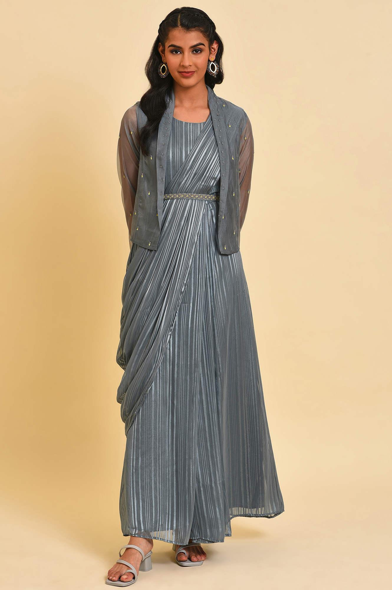 Grey Festive Predrape Saree With Short Jacket - Image 8