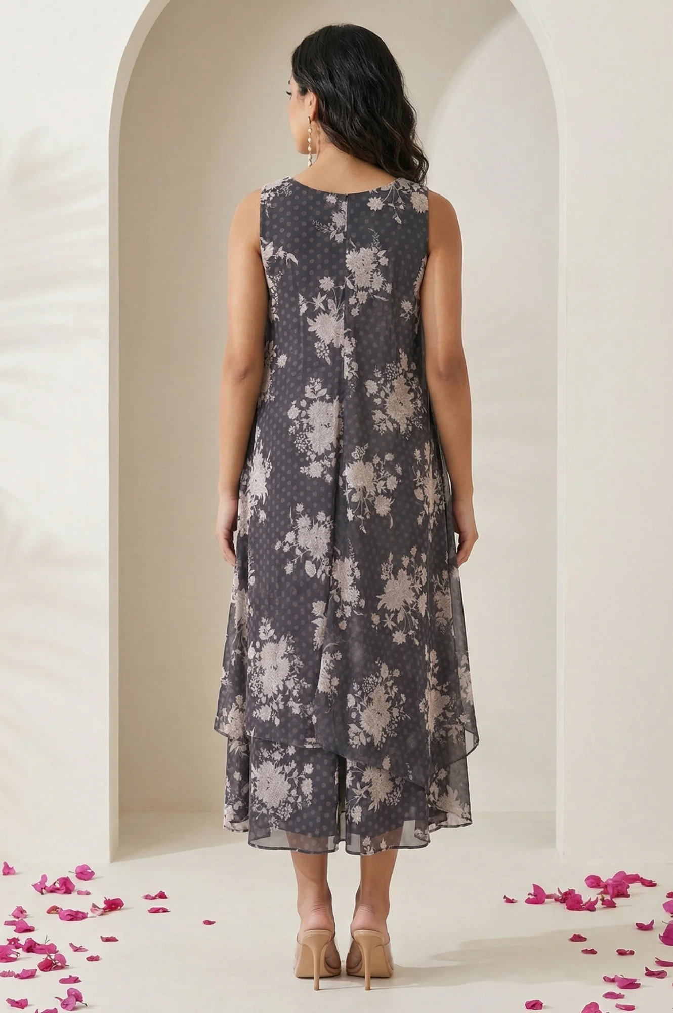 Grey Floral Printed Beadwork Georgette Sleeveless Straight Kurta with Straight Pants and Dupatta Set - Image 5
