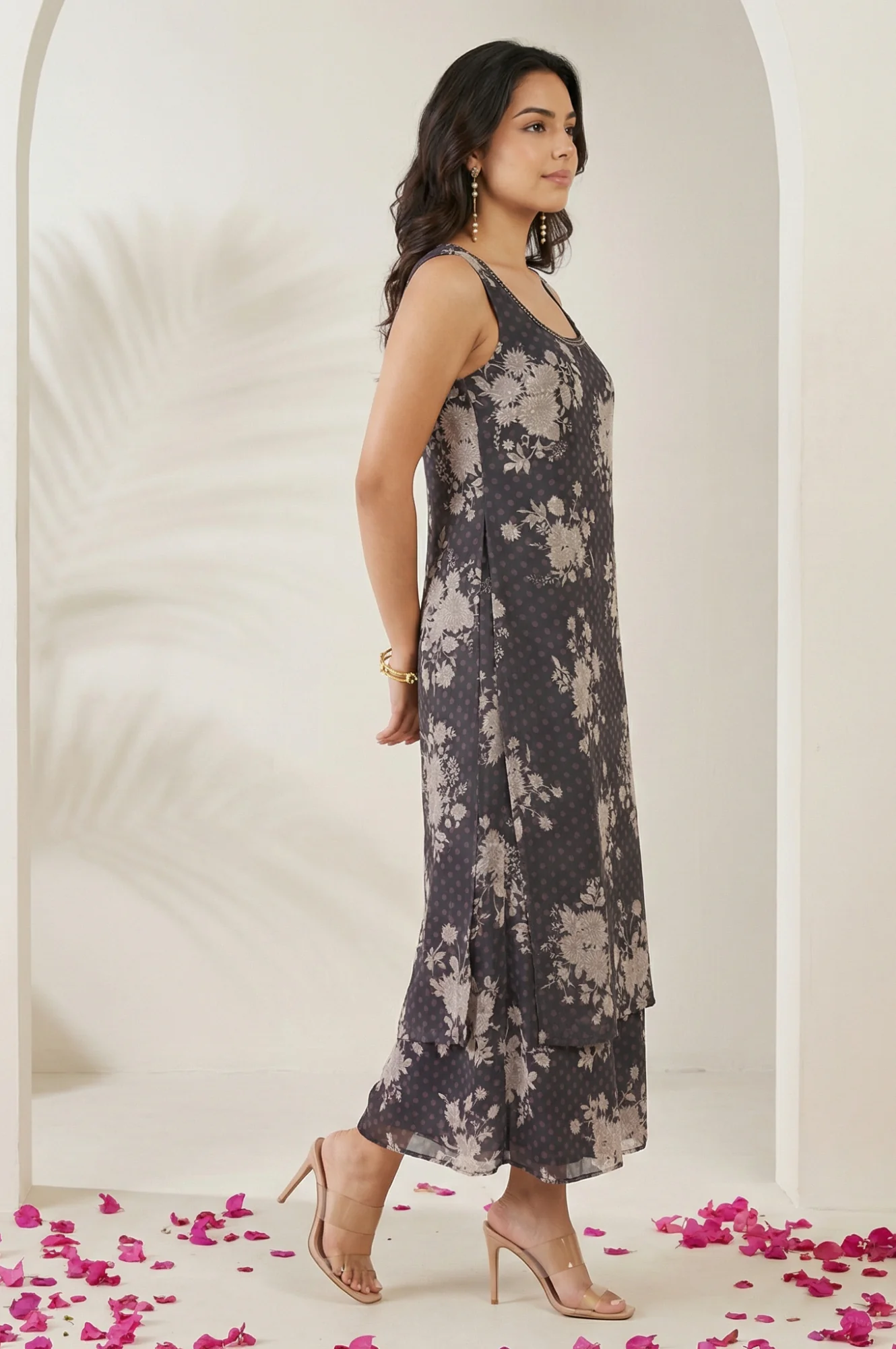 Grey Floral Printed Beadwork Georgette Sleeveless Straight Kurta with Straight Pants and Dupatta Set - Image 6