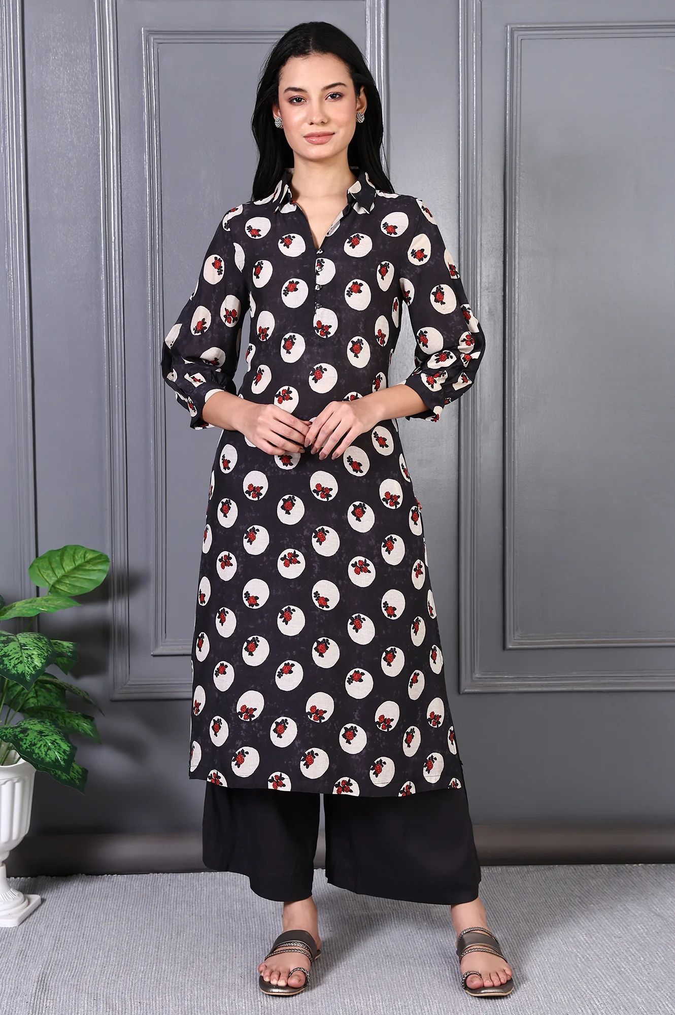 Grey Floral Printed Modal A-line Kurta and Pants Set - Image 2