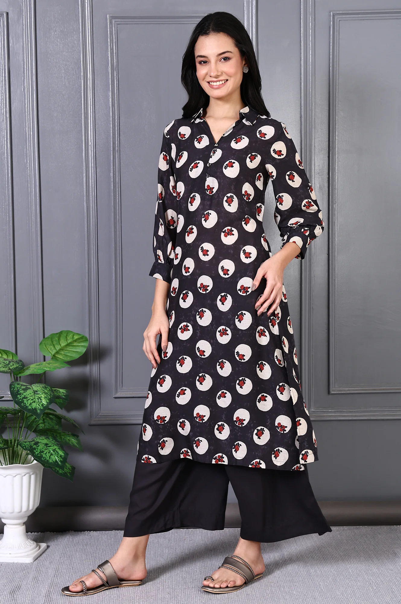 Grey Floral Printed Modal A-line Kurta and Pants Set - Image 4