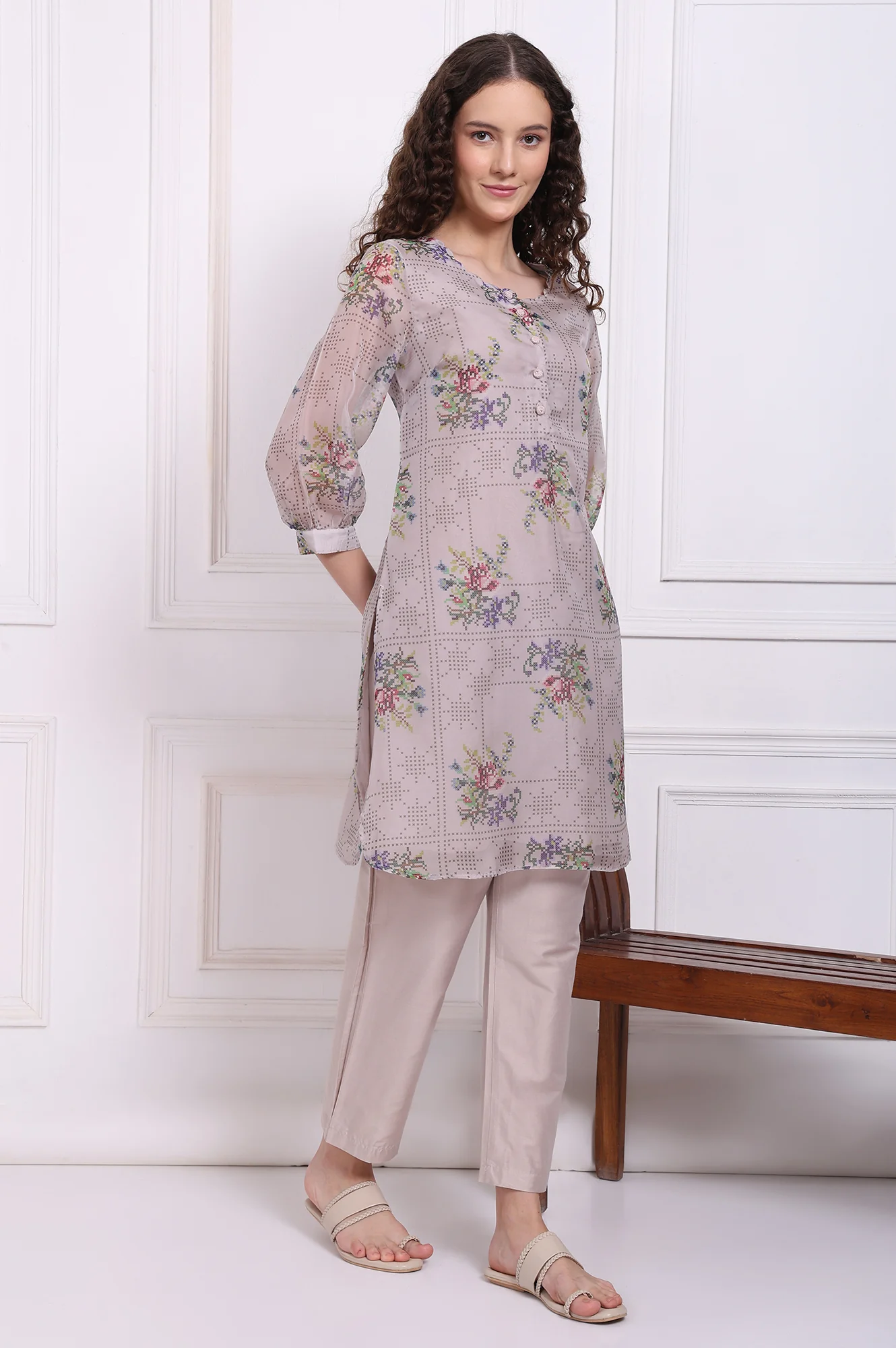 Grey Floral Printed Organza Straight Kurta and Straight Pants Set - Image 6