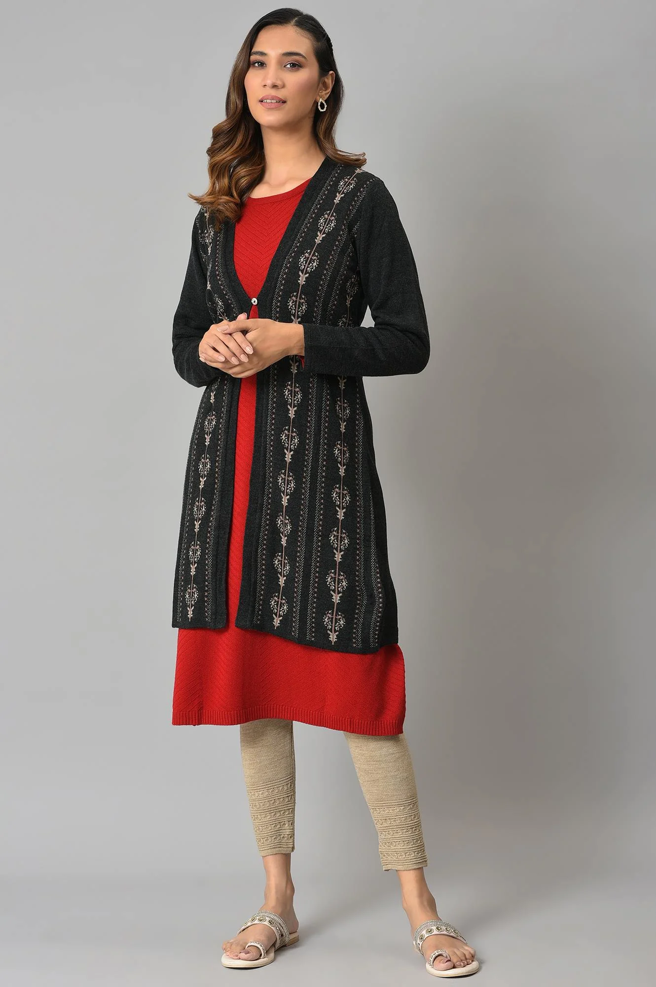 Grey Floral Printed Women Cardigan - Image 5