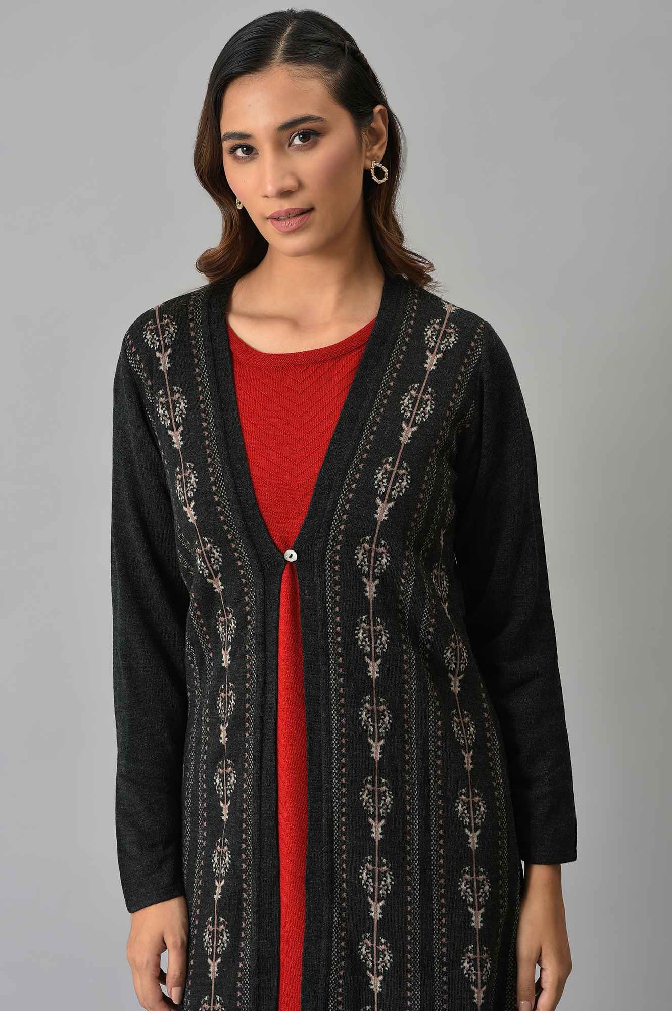 Grey Floral Printed Women Cardigan - Image 6