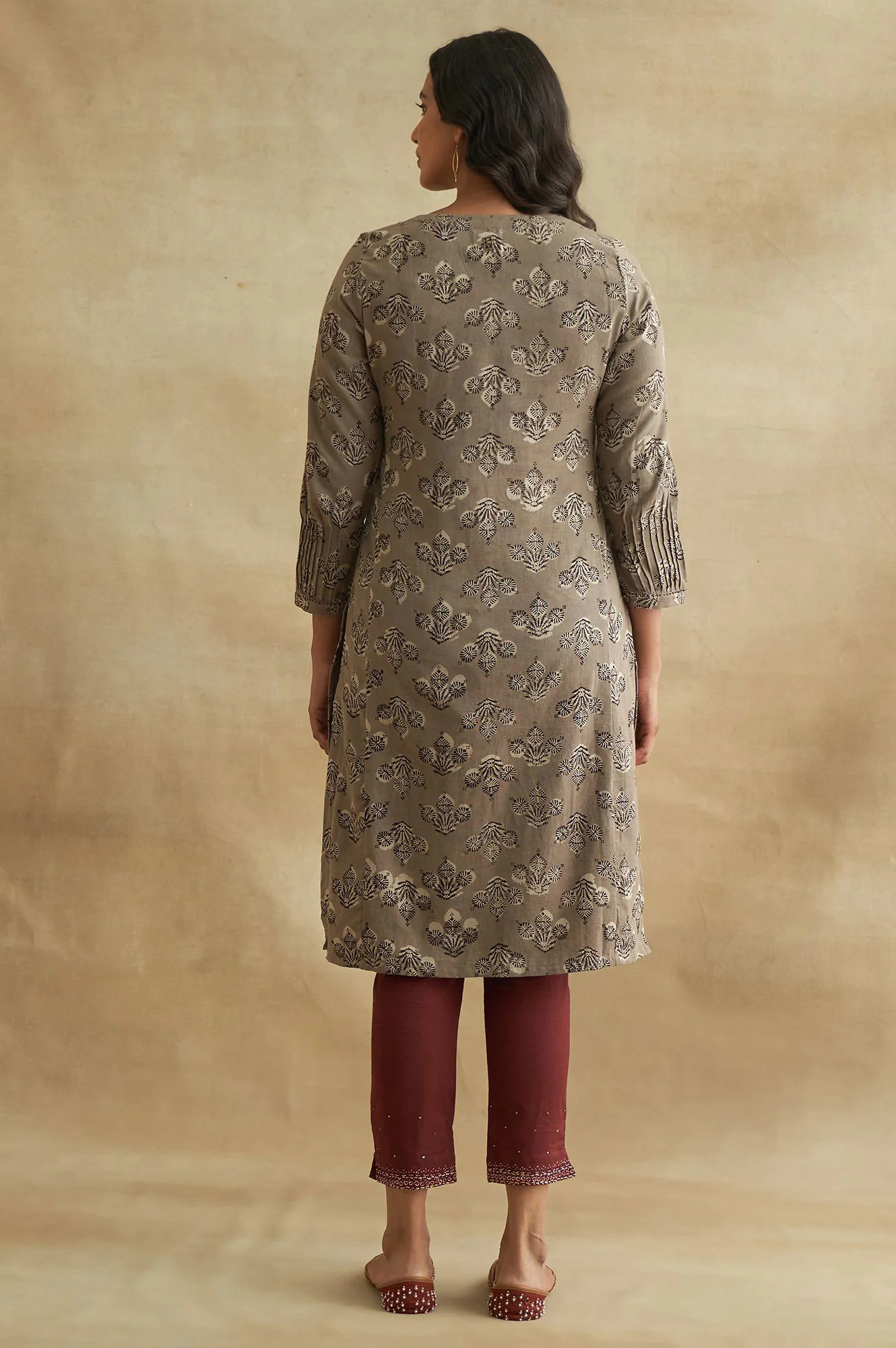 Grey Handblock Print Cotton Flax kurta - Image 2