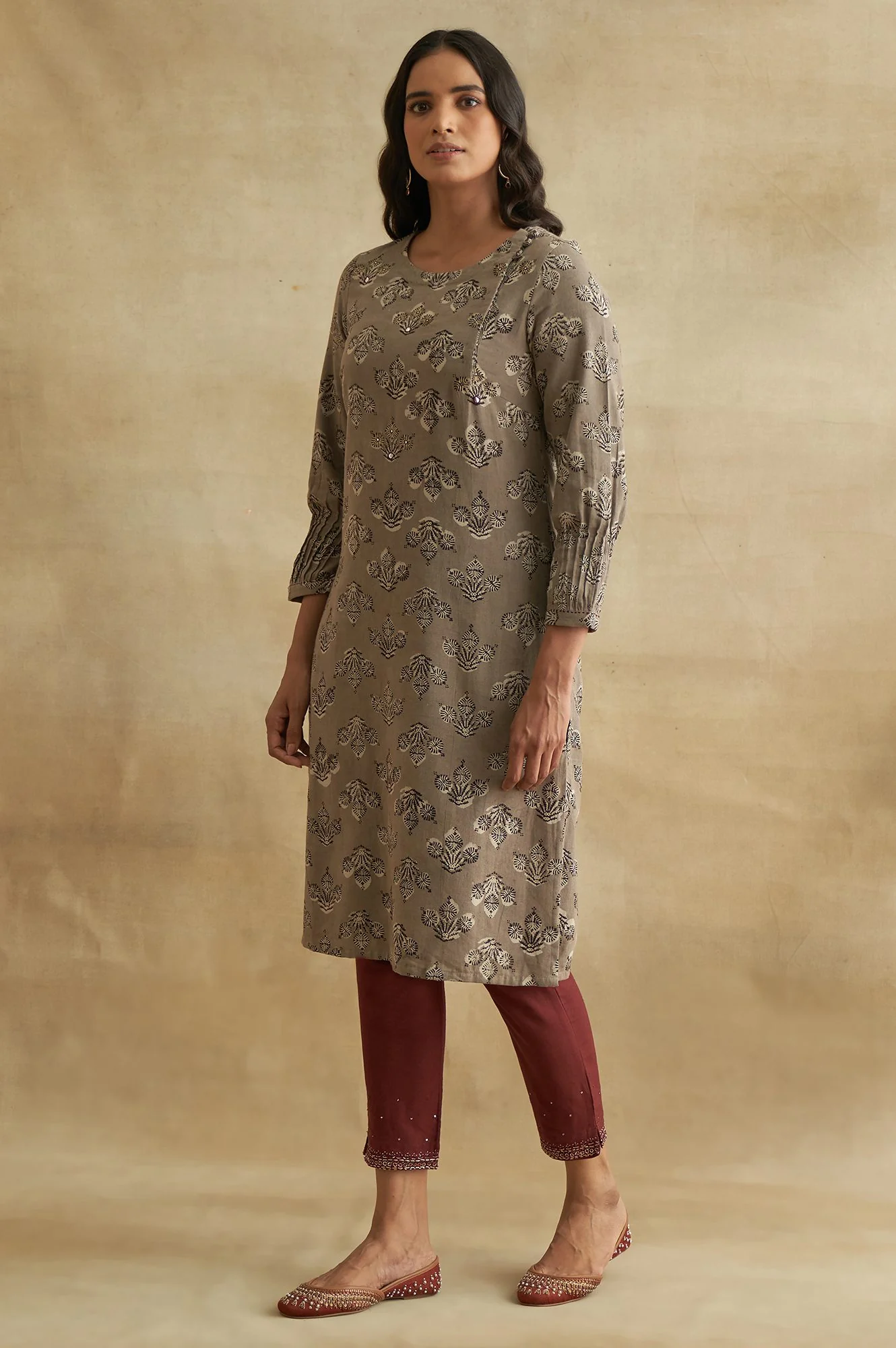 Grey Handblock Print Cotton Flax kurta - Image 3
