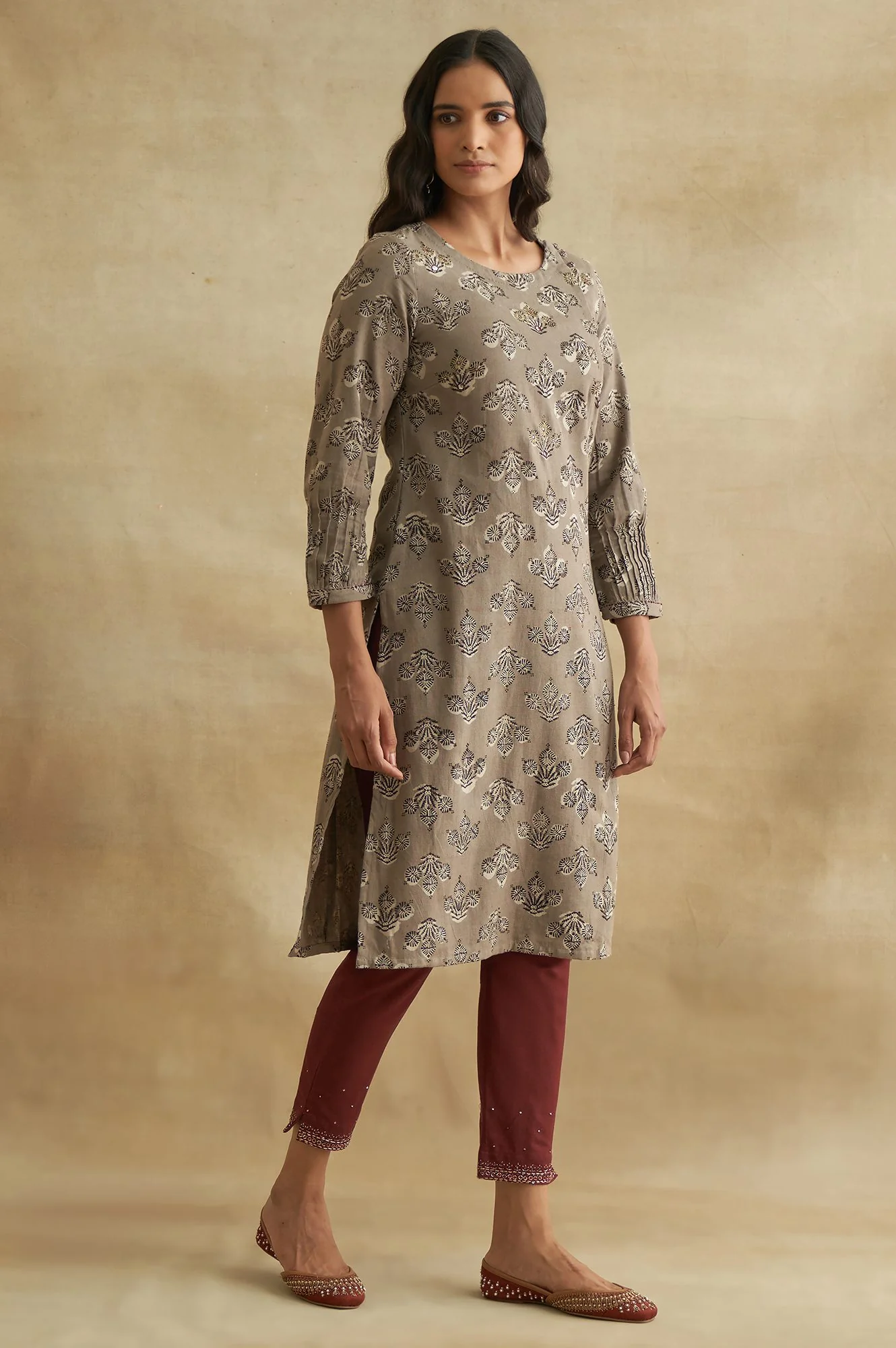 Grey Handblock Print Cotton Flax kurta - Image 4