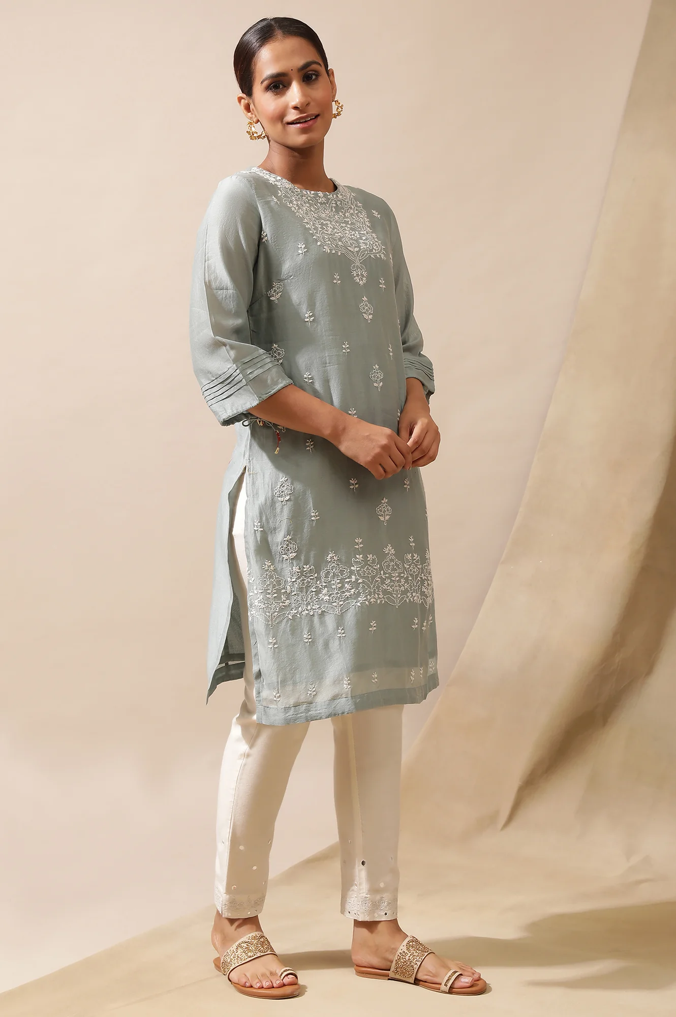 Grey Mist Cotton Silk Chikankari Kurta - Image 4