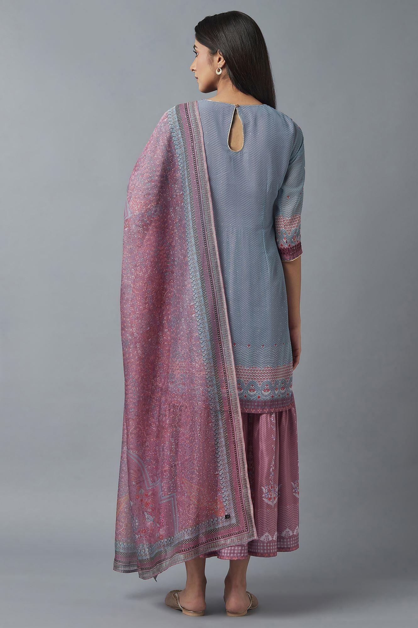 Grey Mock Layer Dress with Pink Organza Dupatta - Image 2