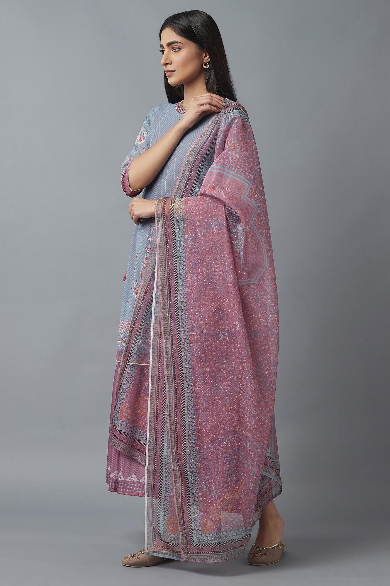 Grey Mock Layer Dress with Pink Organza Dupatta - Image 3