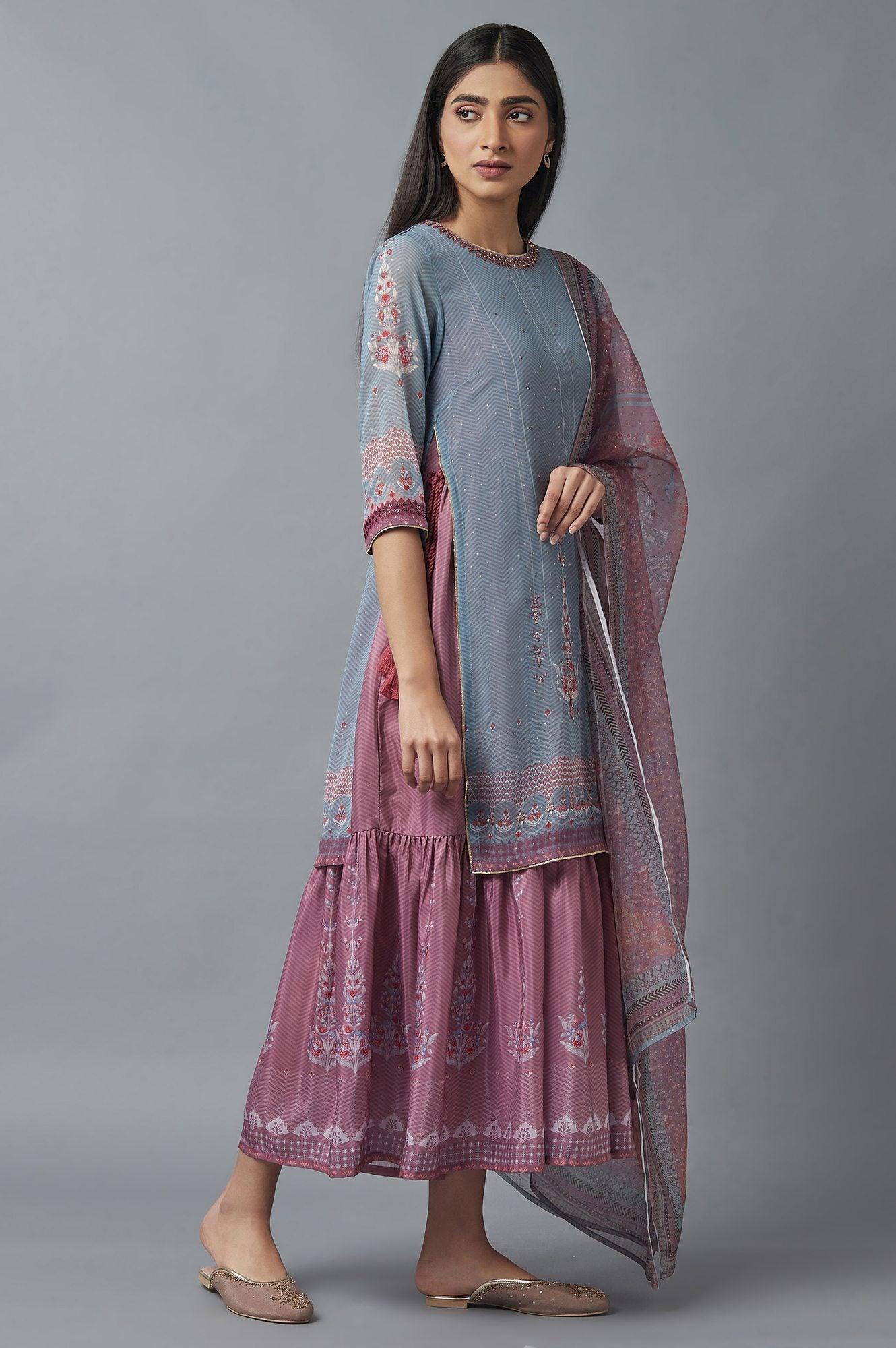 Grey Mock Layer Dress with Pink Organza Dupatta - Image 4