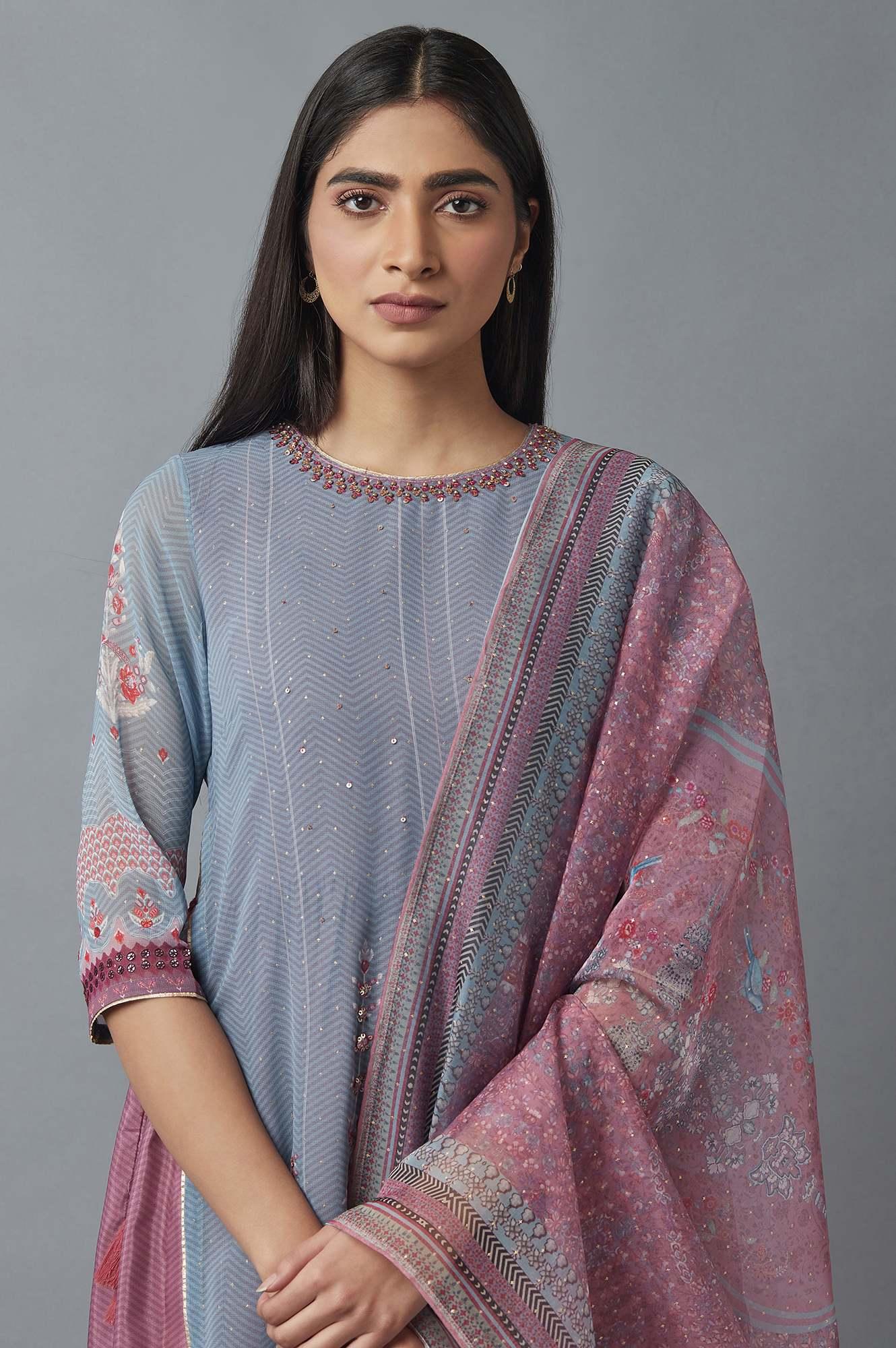 Grey Mock Layer Dress with Pink Organza Dupatta - Image 5