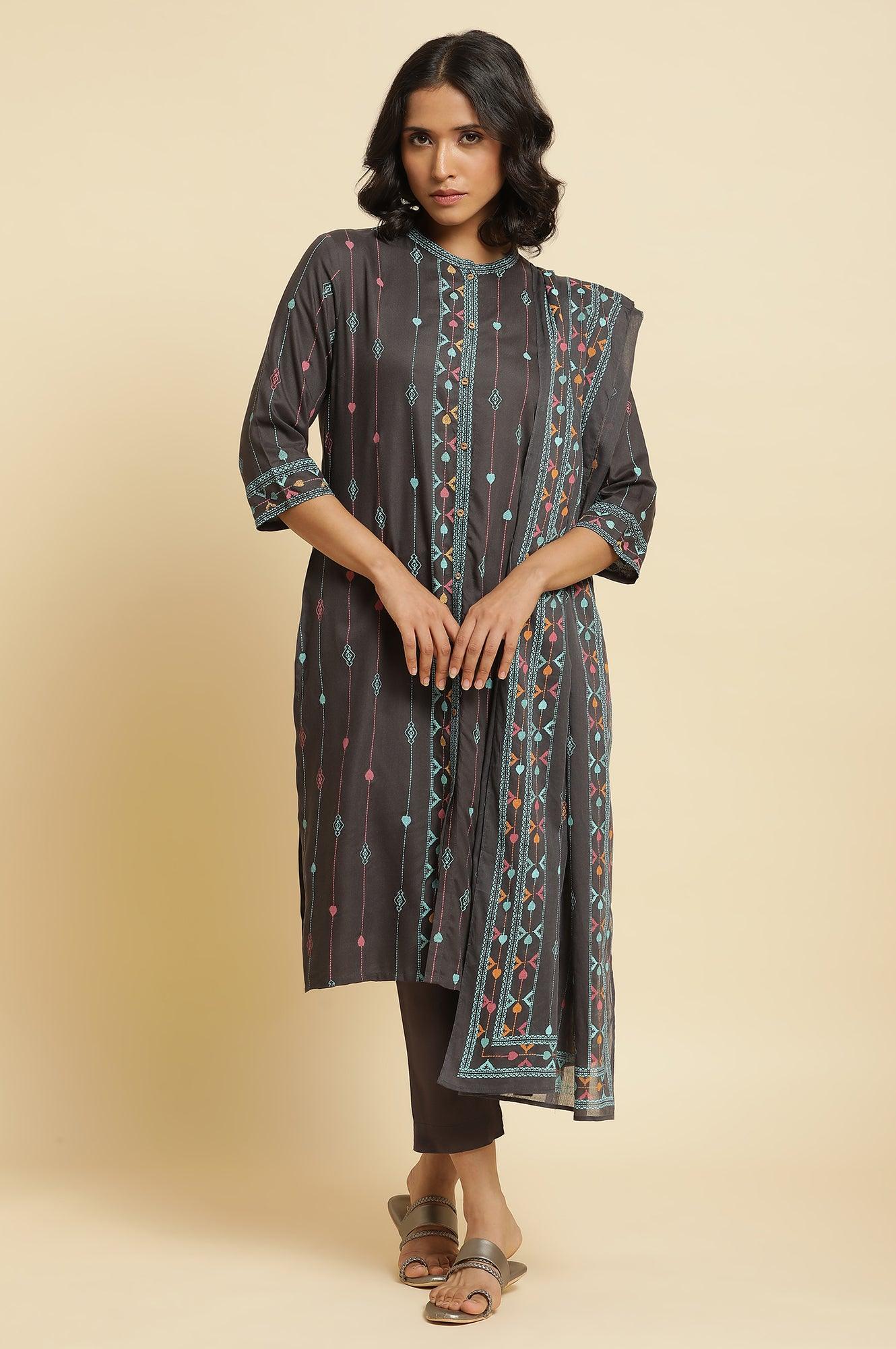 Grey Printed Kurta, Pants & Dupatta Set - Image 2