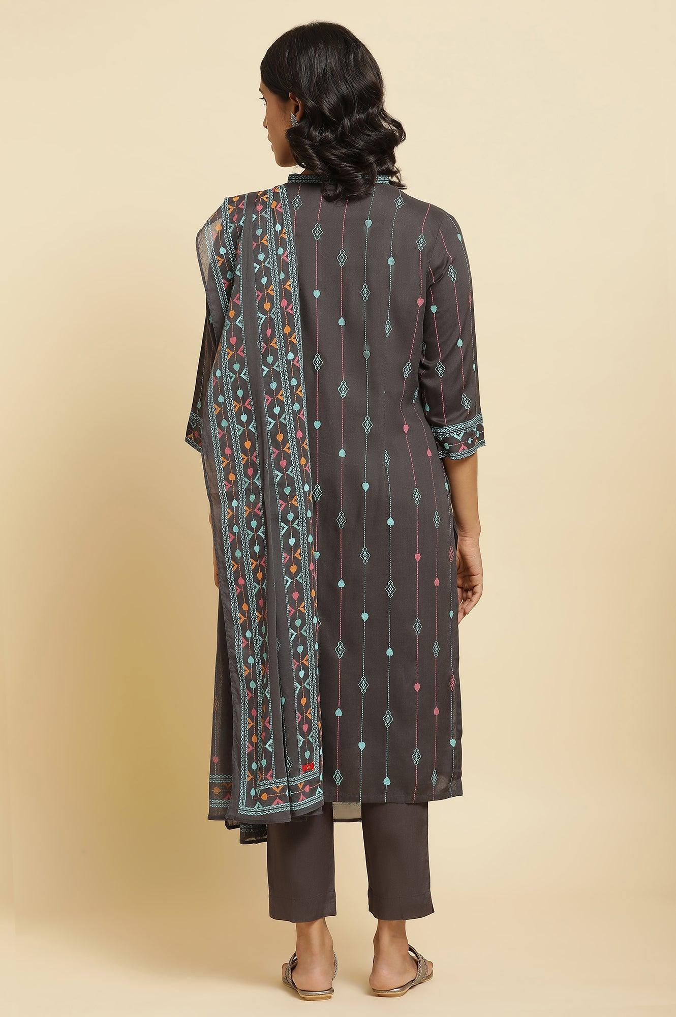 Grey Printed Kurta, Pants & Dupatta Set - Image 4