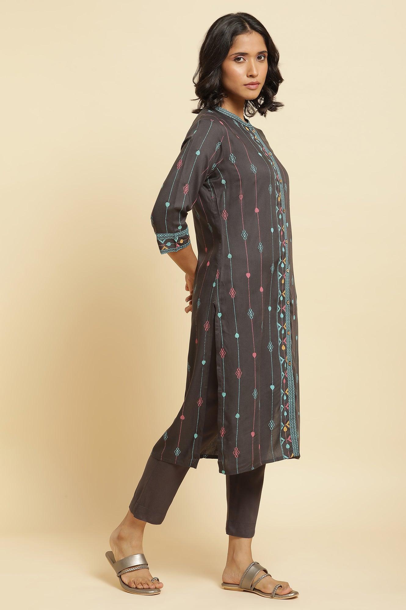 Grey Printed Kurta, Pants & Dupatta Set - Image 5