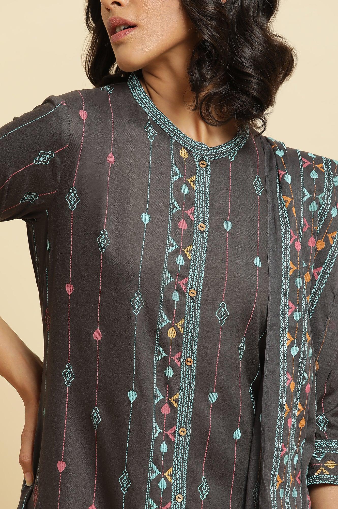 Grey Printed Kurta, Pants & Dupatta Set - Image 6