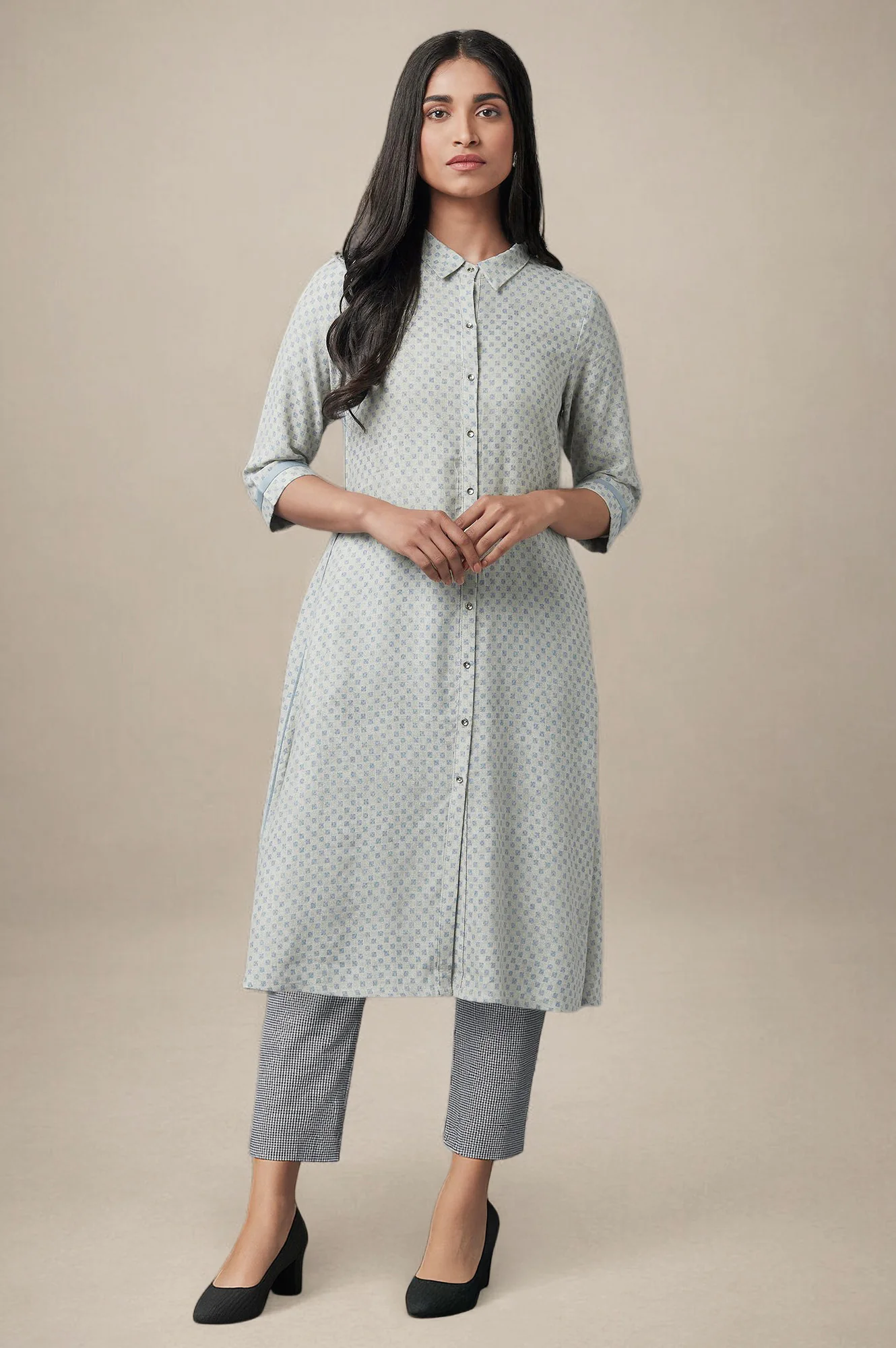 Grey Printed Rayon A-line Shirt Kurta and Slim Pant Set - Image 2
