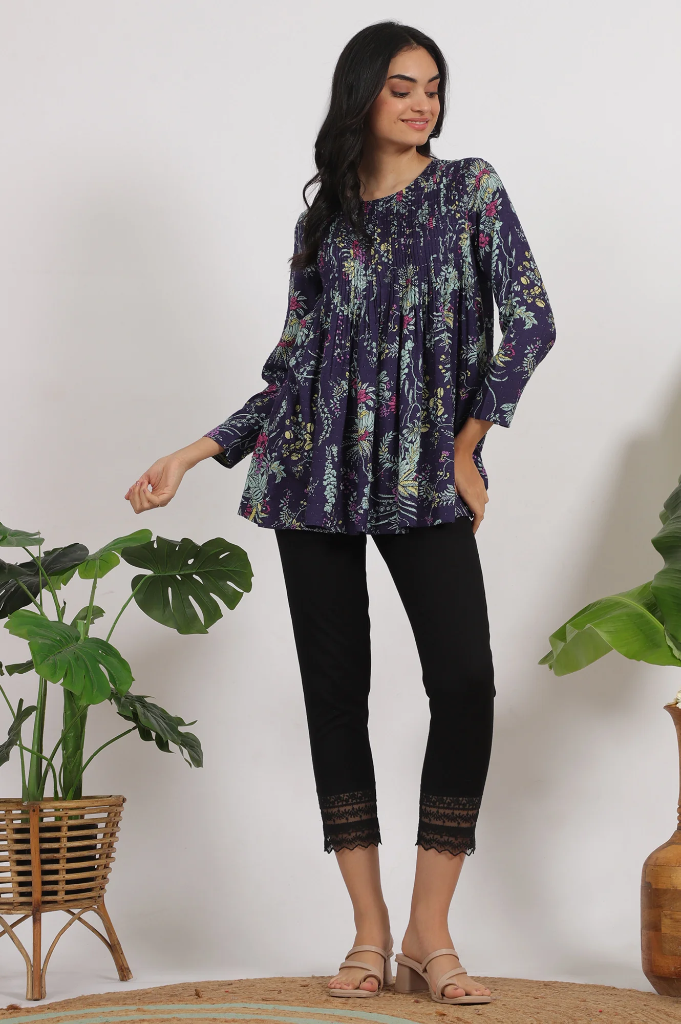 Grey Printed Swiss Dot A-line Pleated Top - Image 2