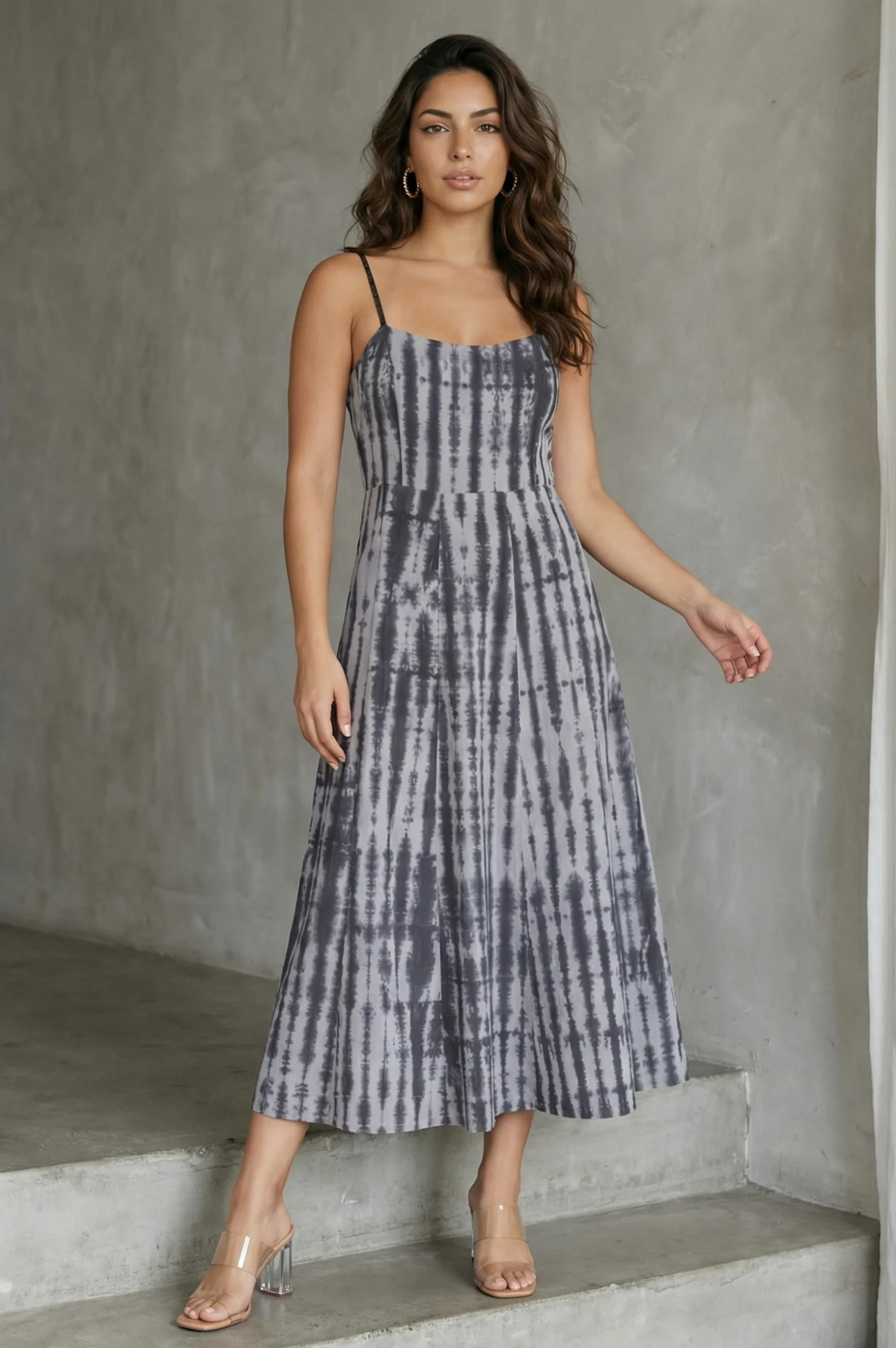 Grey Shibori Printed Sleeveless Pure Cotton A-line Western Dress