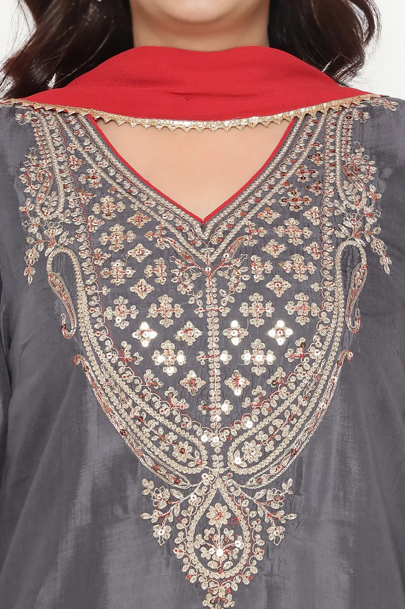 Grey Solid Printed Shantung Straight Kurta, Straight Pant and Dupatta Set - Image 2