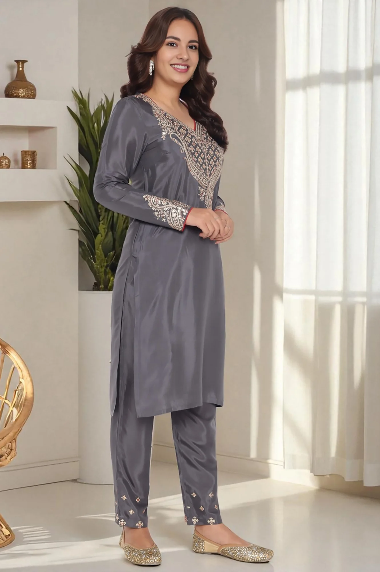 Grey Solid Printed Shantung Straight Kurta, Straight Pant and Dupatta Set - Image 3