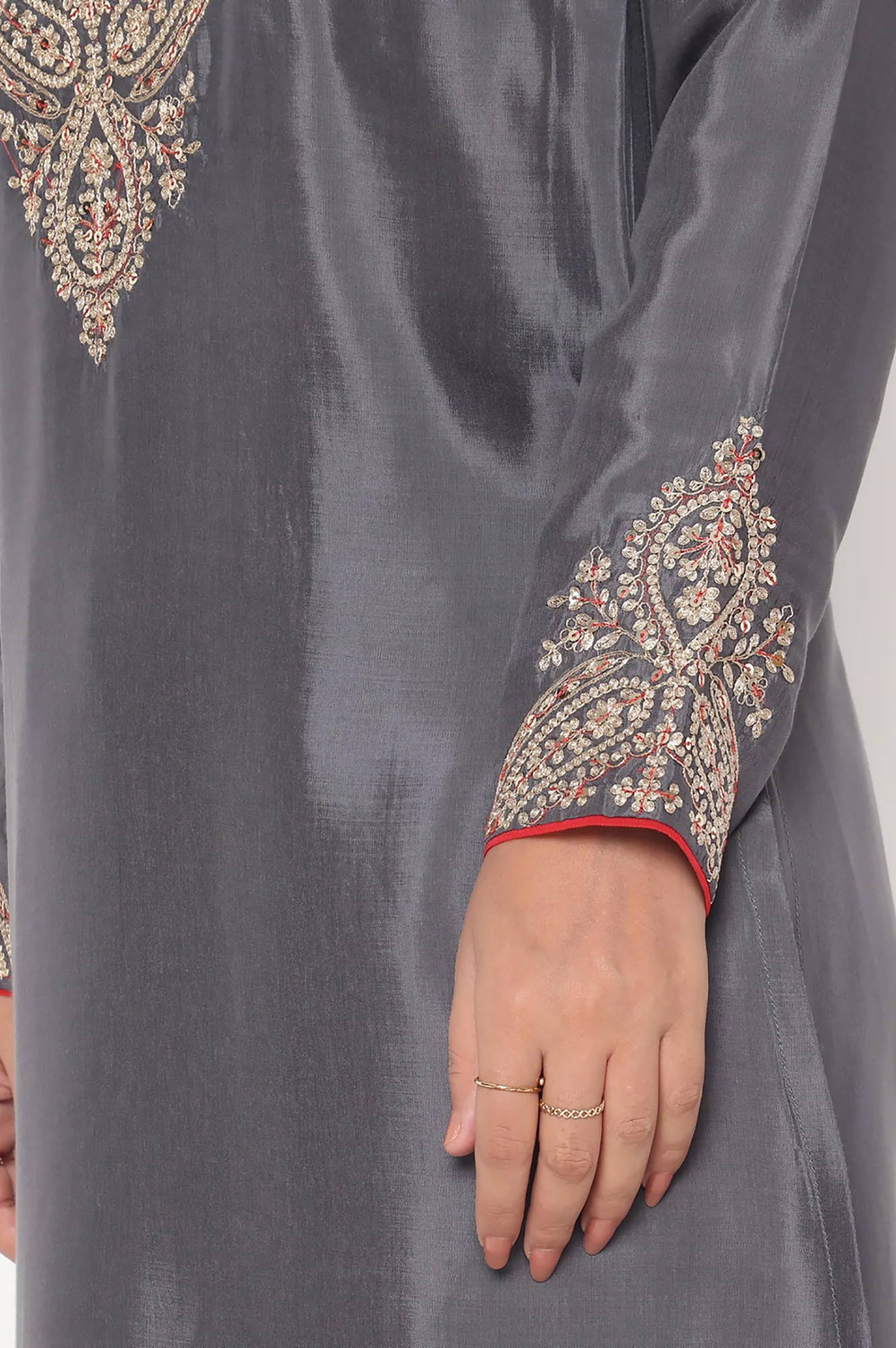 Grey Solid Printed Shantung Straight Kurta, Straight Pant and Dupatta Set - Image 7