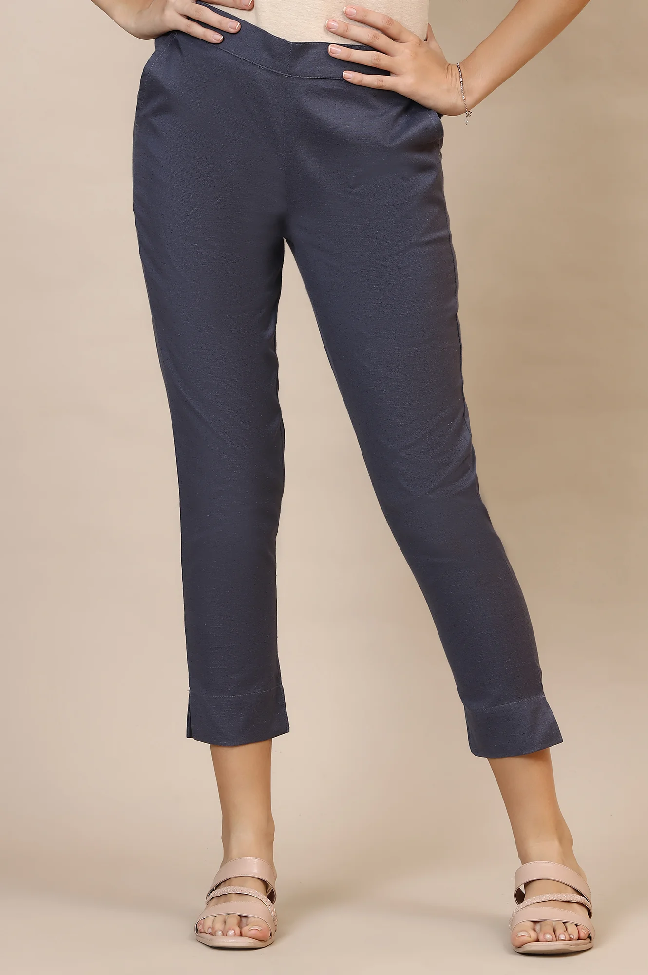 Elleven Women's Grey Solid Slim Fit Cotton Trousers With Elasticated Waist