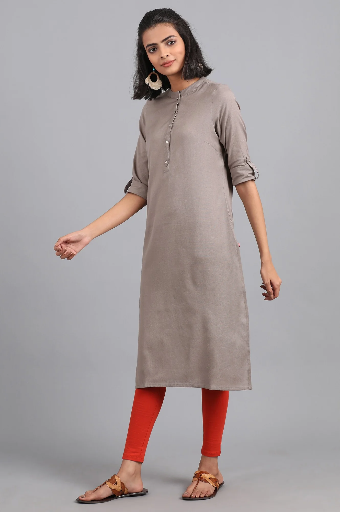 Grey Solid Straight Cotton Kurta - Image 3