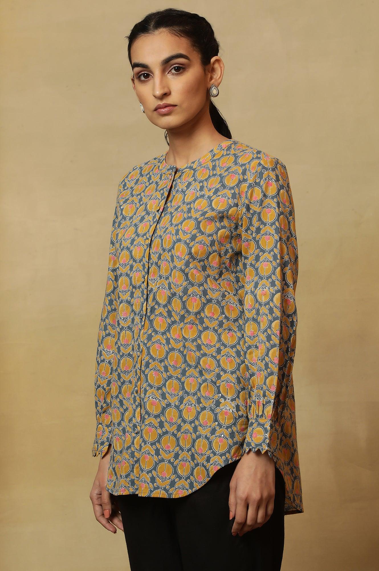 Grey Top with Multi-Coloured Block Print and Sleeves - Image 2