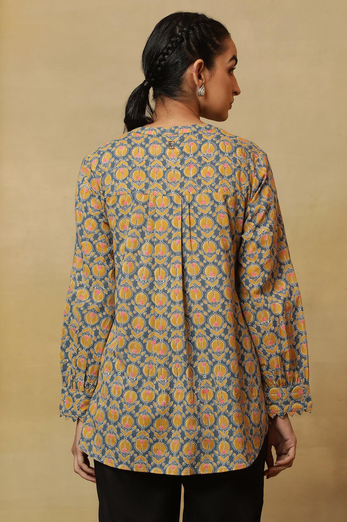 Grey Top with Multi-Coloured Block Print and Sleeves - Image 3
