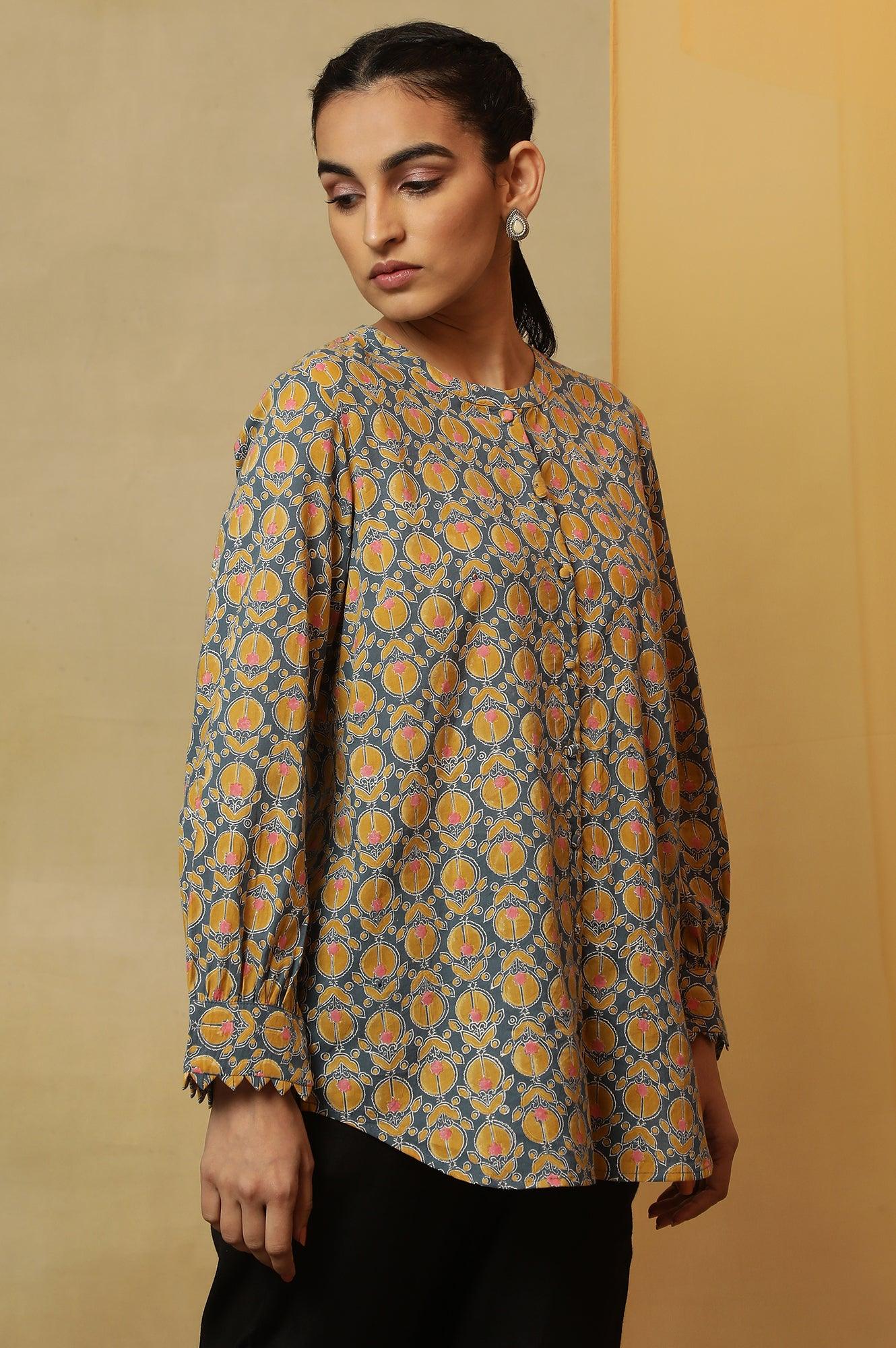Grey Top with Multi-Coloured Block Print and Sleeves - Image 4