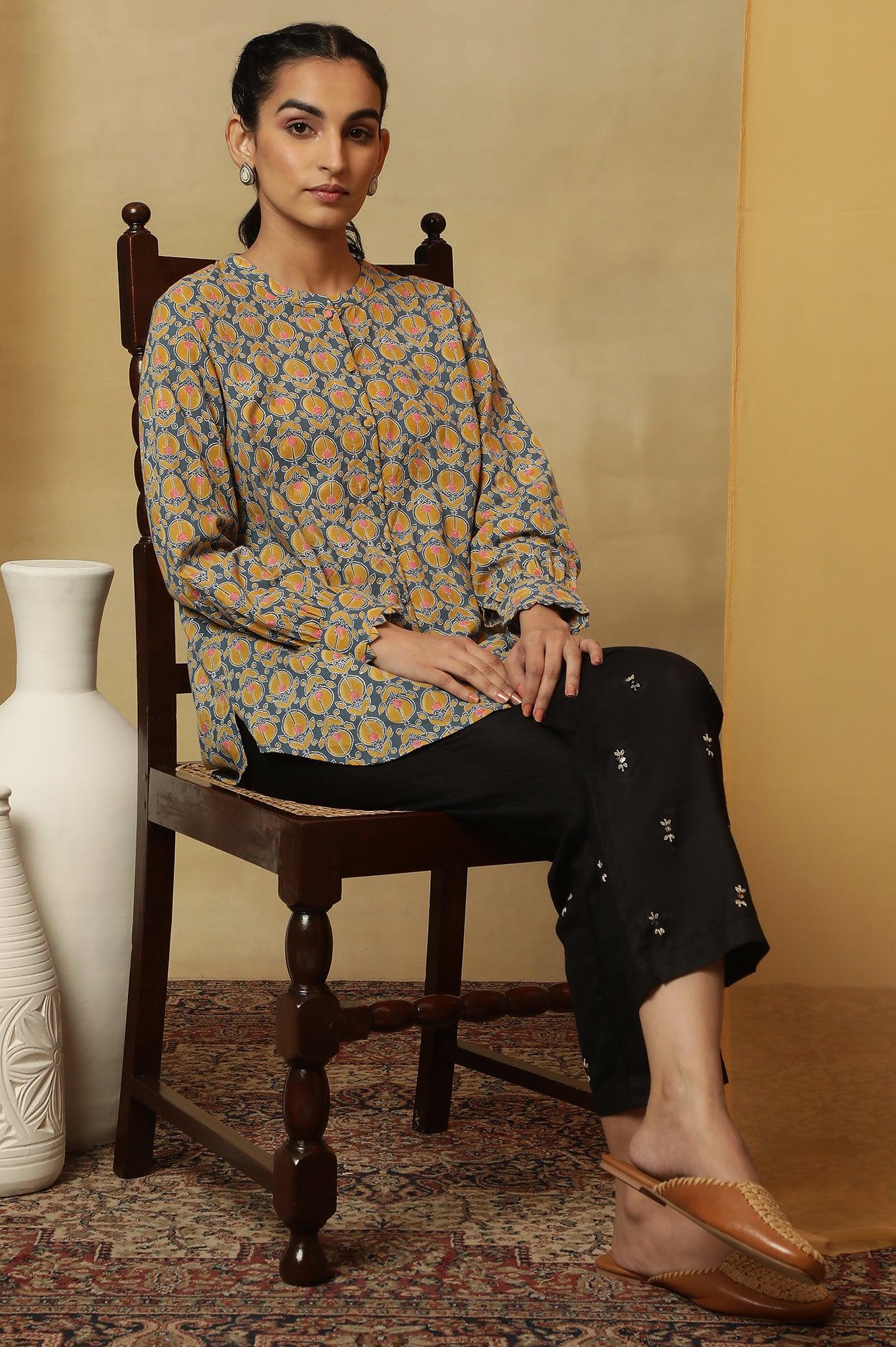 Grey Top with Multi-Coloured Block Print and Sleeves - Image 5
