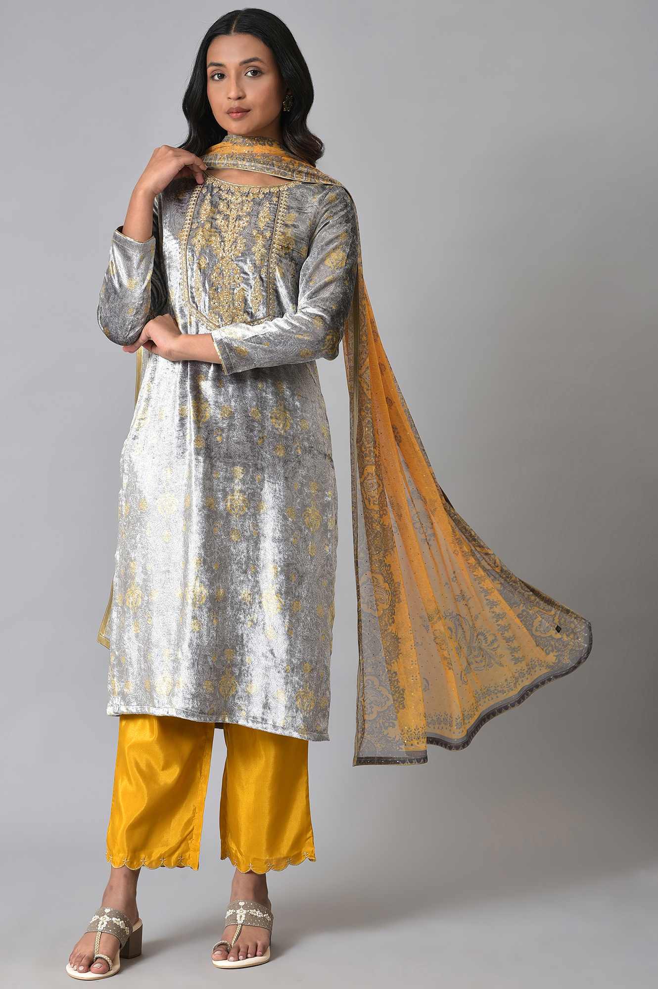 Grey Velvet Embroidered kurta With Yellow Pants And Printed Dupatta - Image 10