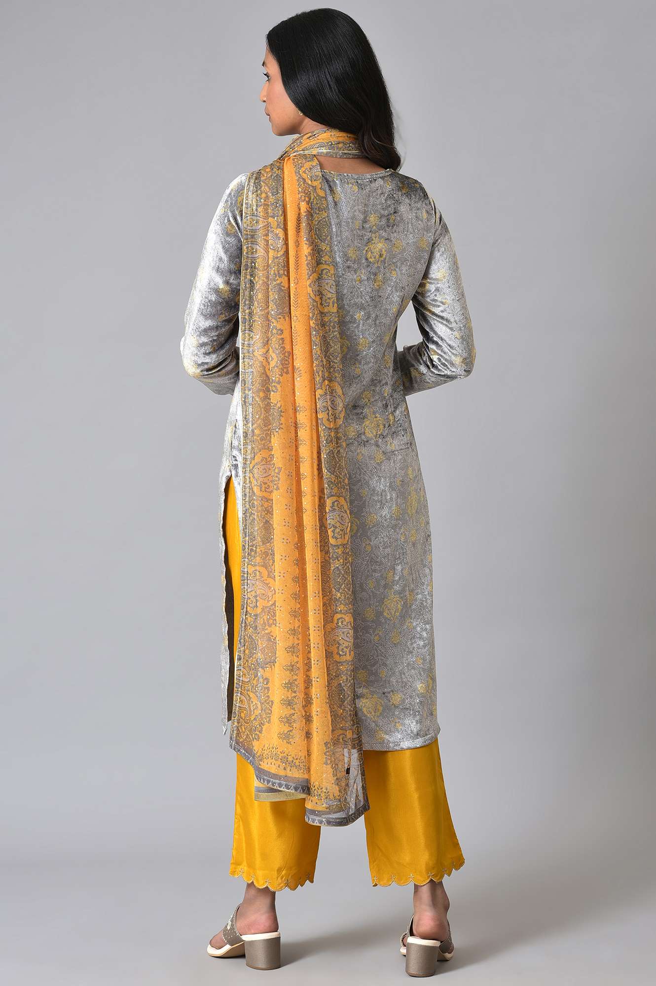 Grey Velvet Embroidered kurta With Yellow Pants And Printed Dupatta - Image 2