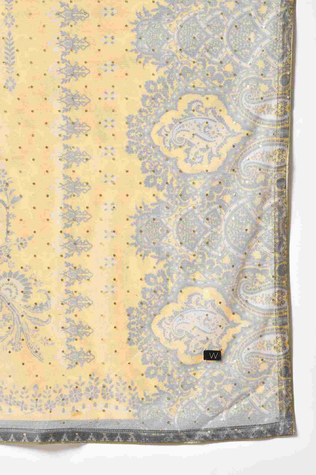 Grey Velvet Embroidered kurta With Yellow Pants And Printed Dupatta - Image 9