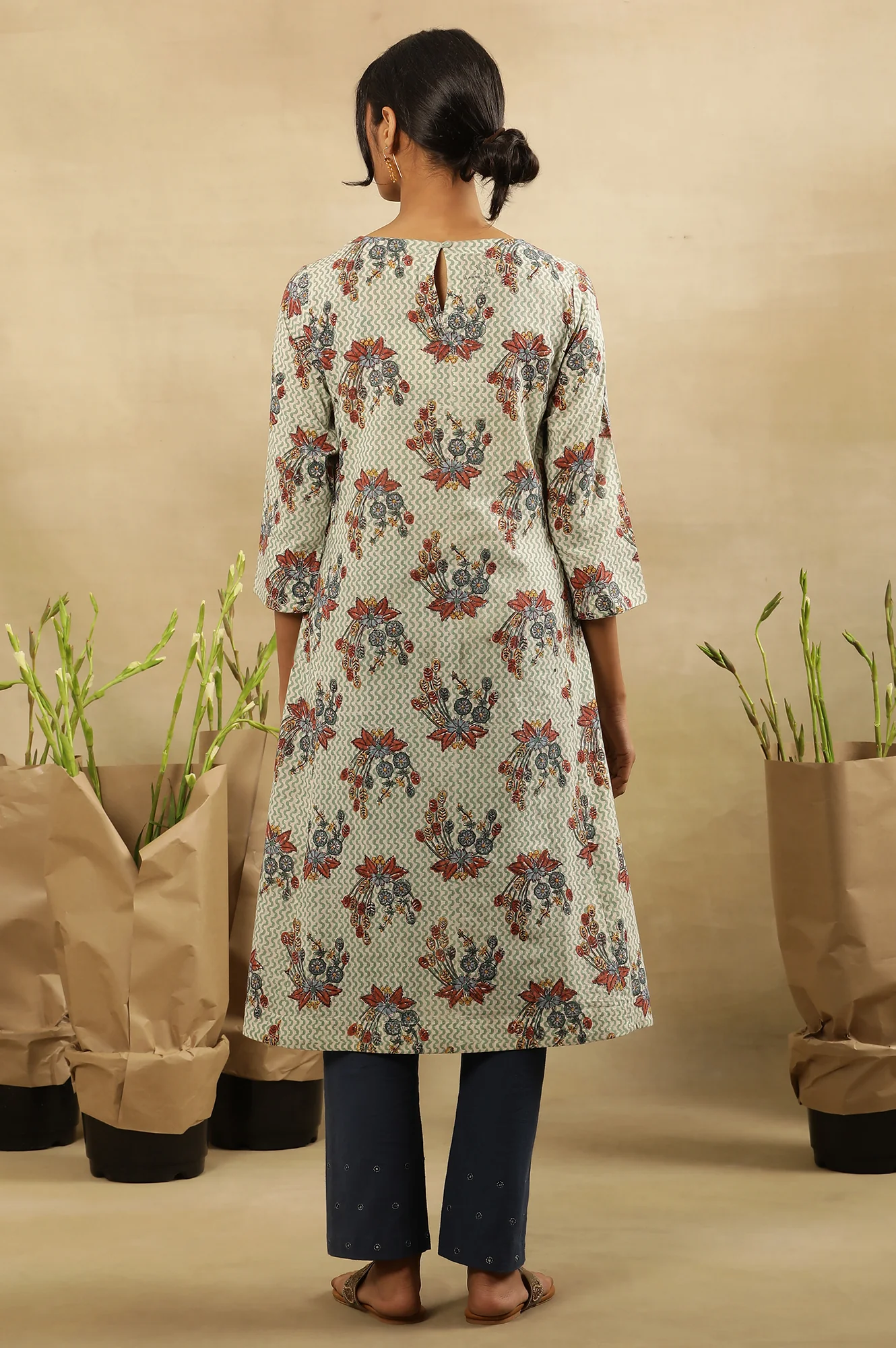 Hand Block Print A-Line Kurta In Cotton Voile - Image 4