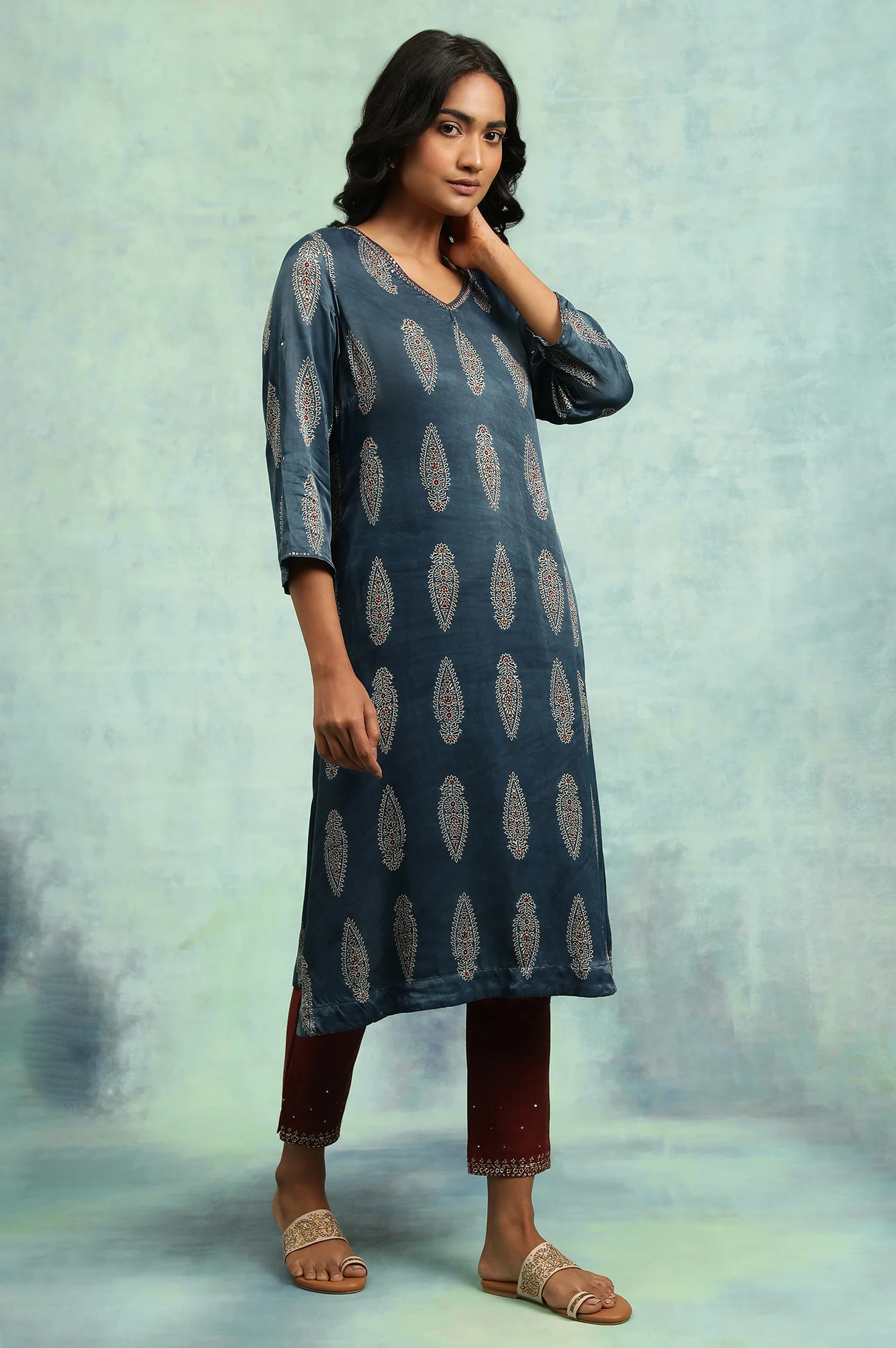 Indigo Ajrakh kurta In Lustrous Satin - Image 4