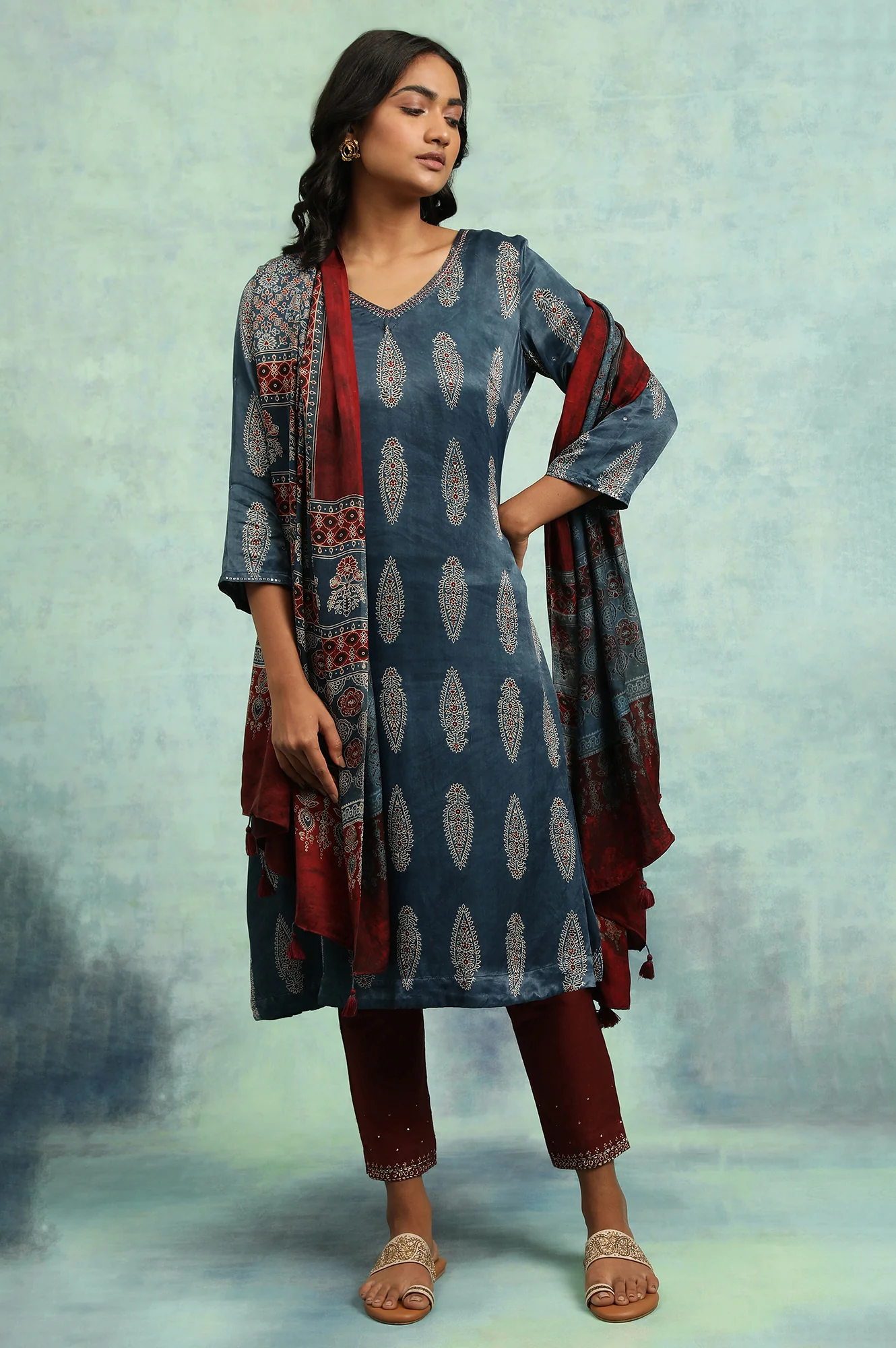 Indigo Ajrakh kurta In Lustrous Satin - Image 5